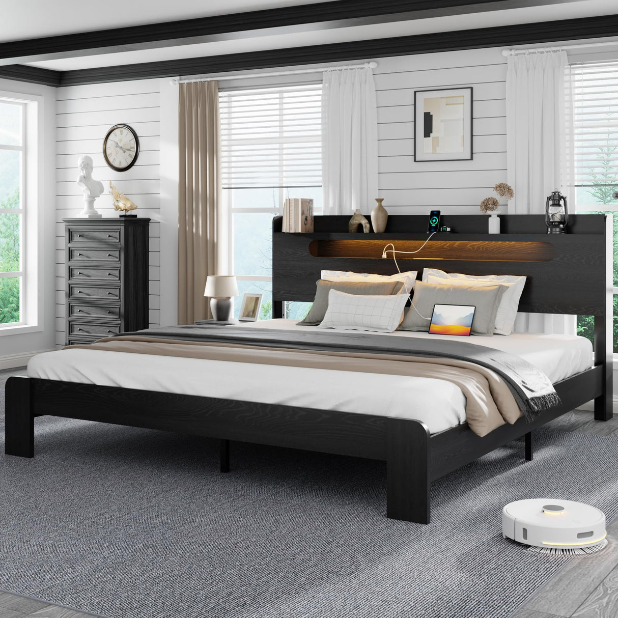 QNICE Wooden King Size Bed Frame with Storage Headboard & Charging Station, Farmhouse Platform Bedframe with LED Lights & Metal Slats Support, Easy Assembly (Rustic Black) QNICE