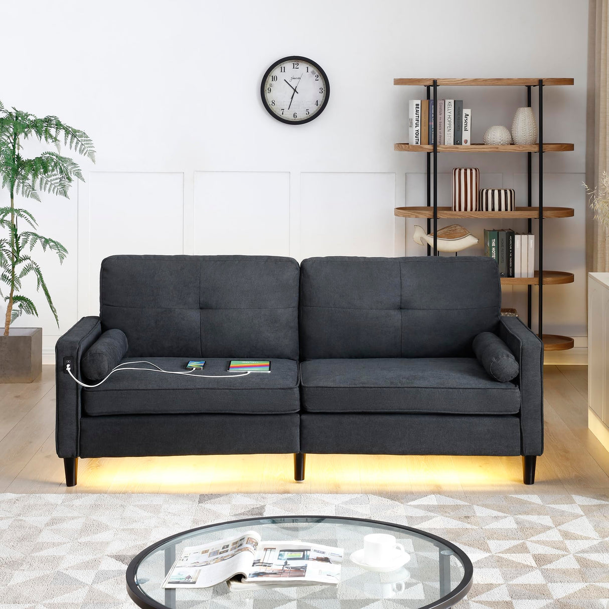 Harper & Bright Designs 76.5-Inch Modern Sofa Couch with 2 Side Pockets, USB Ports on Armrests and LED Lights – Linen Fabric 3-Seater for Living Room, Apartment or Office in Black Harper & Bright Designs