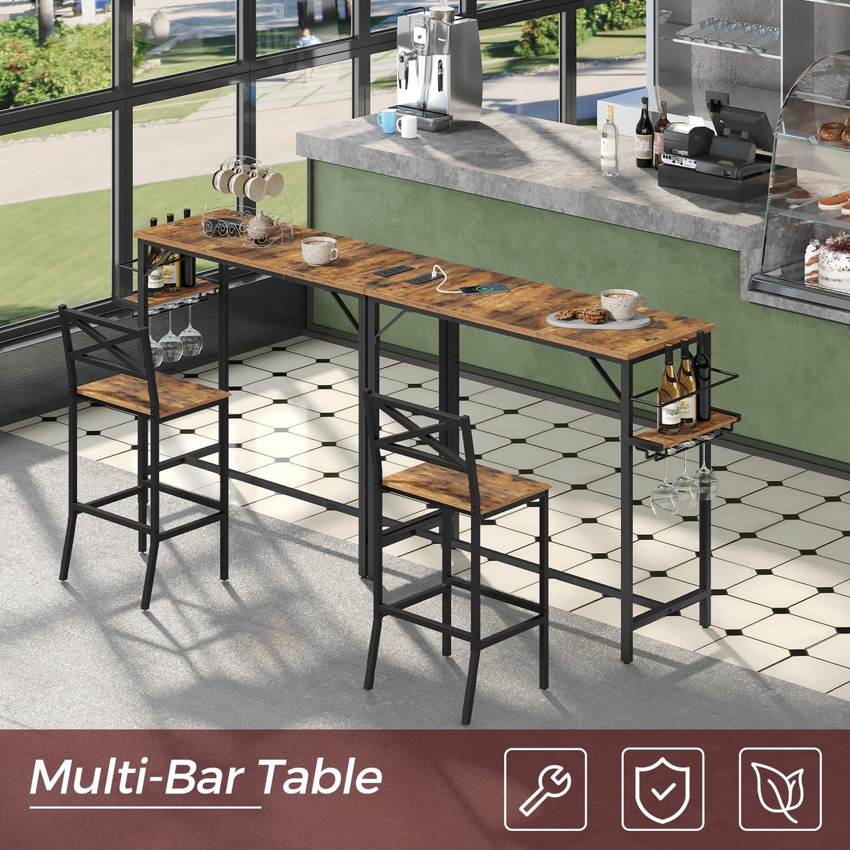 MAHANCRIS Bar Table, 35.4-Inch Counter Height Pub Table with Charging Station, Rectangular Dining Table with Wine Rack and Glass Holder, High Top Cocktail Tables, for Kitchen, Rustic Brown BTHR90E01 MAHANCRIS