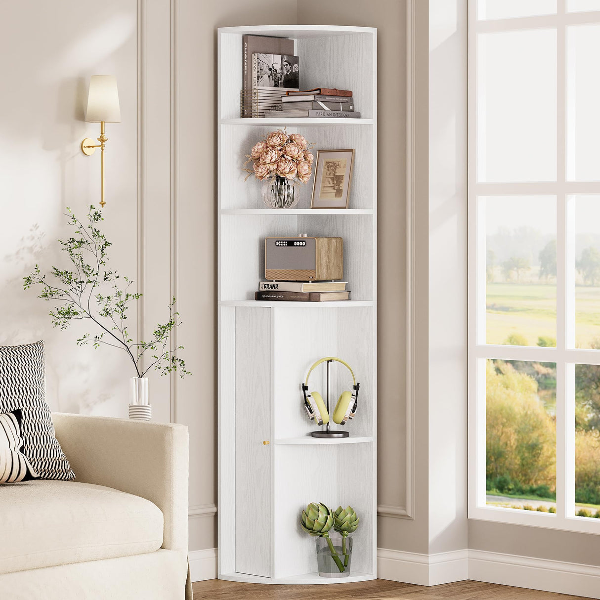 IRONCK 71" Tall Corner Cabinet with Doors, 5-Tier Open Bookcase and Bookshelf, Freestanding Display Storage Shelves Tall Bookcase for Bedroom, Living Room and Office, White IRONCK