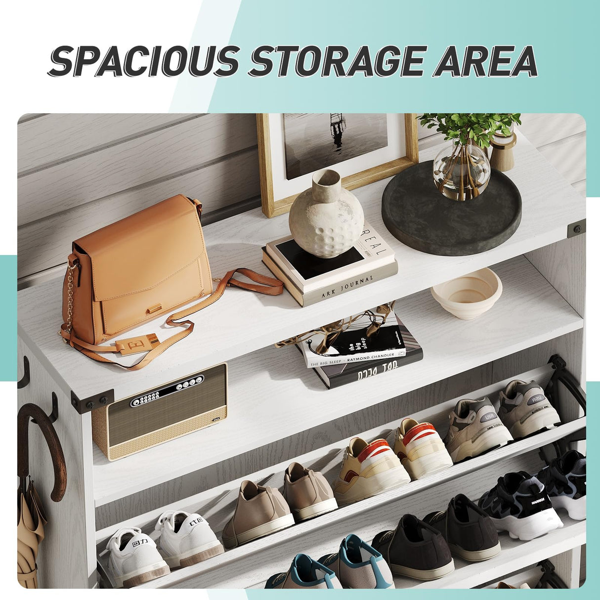 Vabches Shoe Storage Cabinet with 2 Flip Drawers,Freestanding Narrow Shoe Organizer with Open Storage,Hidden Slim Organizer Rack for Entryway,Hallway,White Vabches