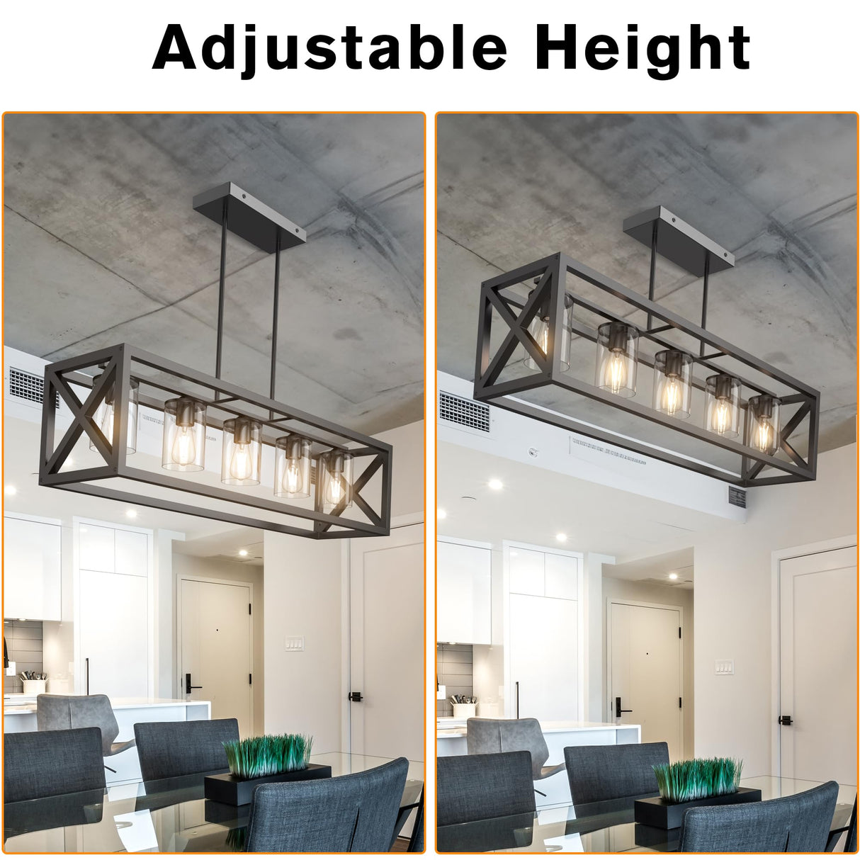 Espird Farmhouse Dining Room Light Fixture - 5 Light Matte Black Rectangle Light Fixture with Adjustable Height & Thickened Metal Dining Table Fixture Chandeliers for Dining Room&Kitchen Island Espird
