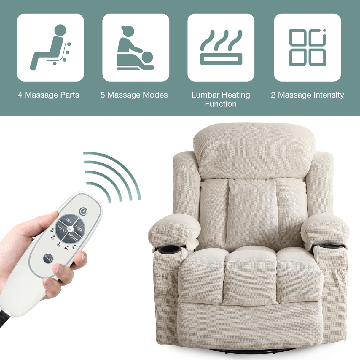 BOSMILLER Oversized Recliner Chair for Adults with Vibration Massage and Lumbar Heating Swivel Rocker Recliner with Cup Holder and USB Charge Port for Living Room BOSMILLER