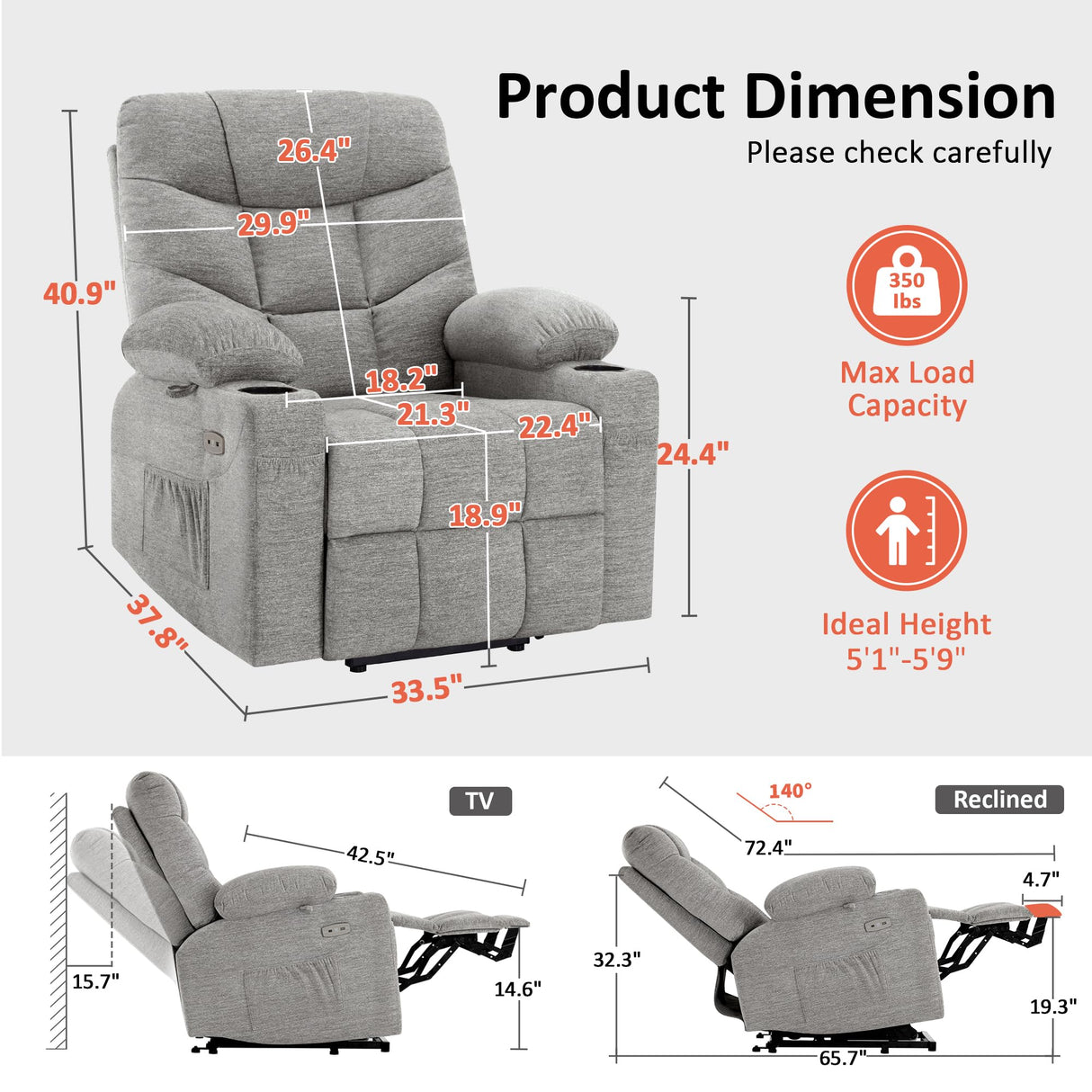 MCombo Power Lift Recliner Chair with Extended Footrest for Elderly People, Fabric 7287 (Light Grey, Medium) MCombo