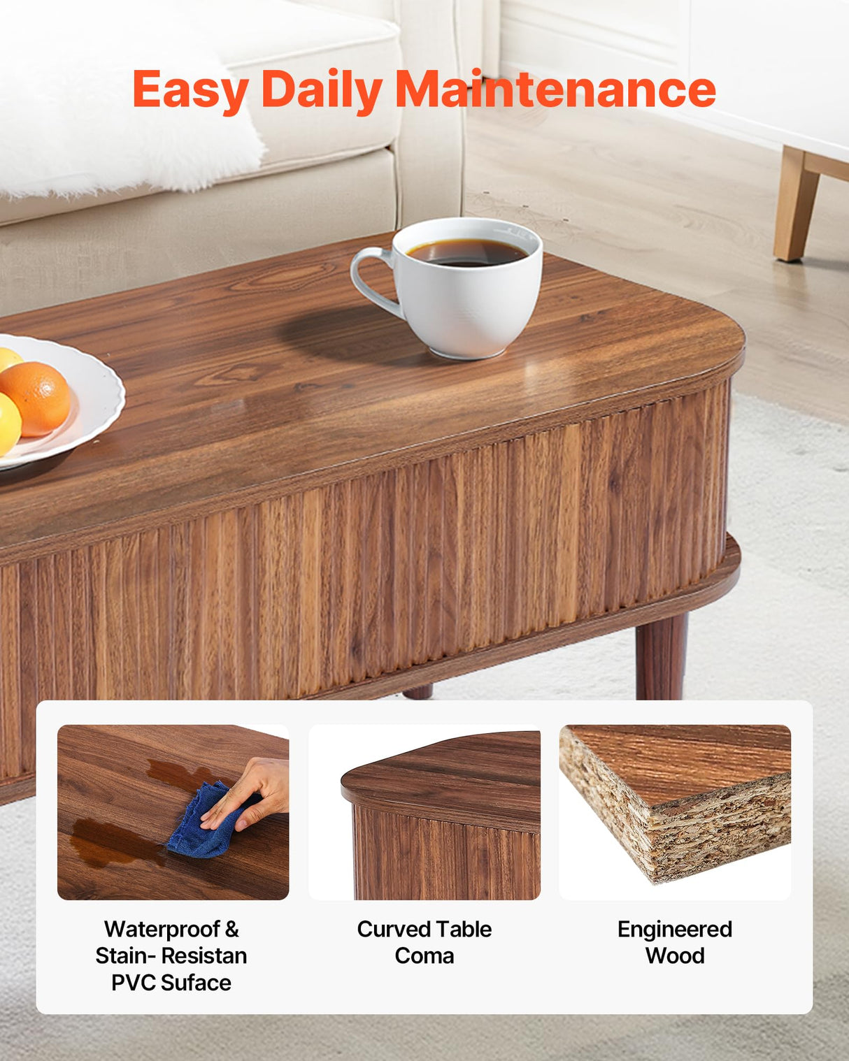 VEVOR Fluted Lift Top Coffee Table, Oval Walnut Coffee Table with 3 Hidden Compartment, Mid Century Modern Wood Center Table with Storage, Lift up Tabletop for Home Living Room Office, Easy Assembly VEVOR