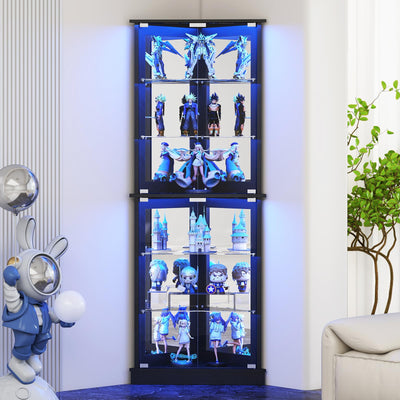 Lamtor 72" Corner Display Cabinet with Glass Doors, 6-Tier Showcase Curio Cabinet for Collectibles with Dynamic LED Lights, Modern Display Case for Living Room, Black