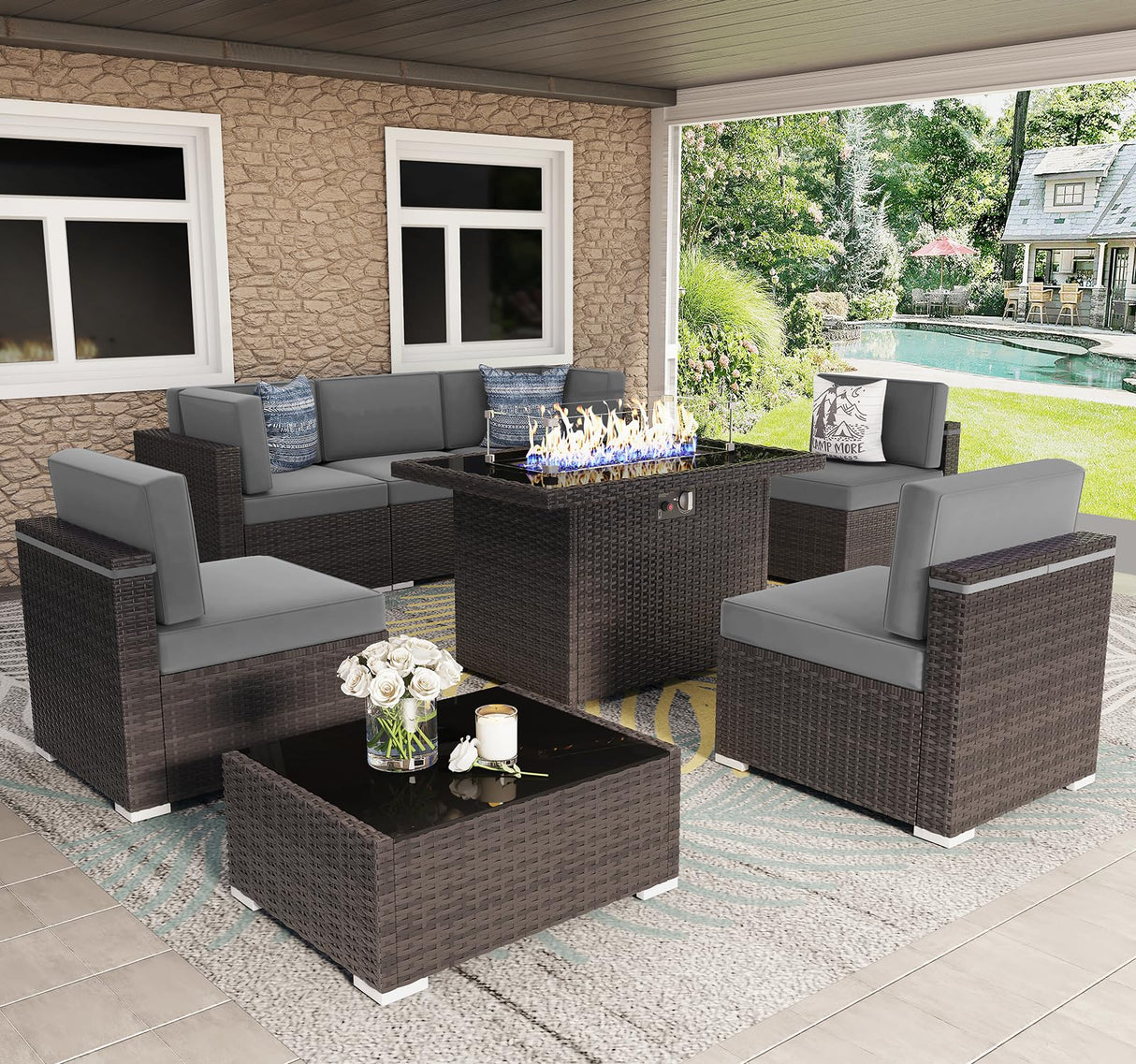 Vakollia 8 Pieces Patio Furniture Set with 44" Propane Gas Fire Pit Table, Outdoor Sectional Brown Rattan Wicker Conversation Sofa Sets with Coffee Table Vakollia