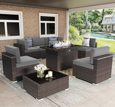 Vakollia 8 Pieces Patio Furniture Set with 44" Propane Gas Fire Pit Table, Outdoor Sectional Brown Rattan Wicker Conversation Sofa Sets with Coffee Table