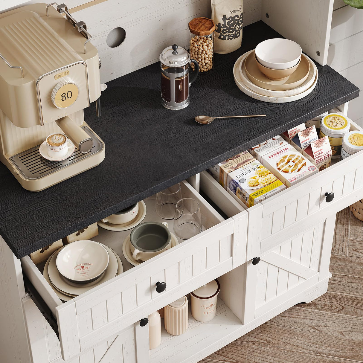 ONBRILL 71" Kitchen Pantry Cabinet with 2 Drawers & 3 Wine Racks, Farmhouse Storage Cabinet with Adjustable Shelves, Kitchen Hutch Cabinet with Microwave Stand for Dining Room, Living Room, Off White ONBRILL