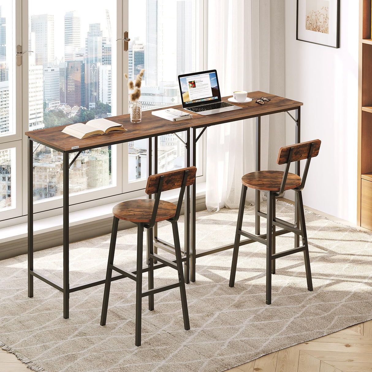 MAHANCRIS 63-Inch Rustic Brown Narrow Bar Table - Versatile Dining & Counter Height Console Table MAHANCRIS