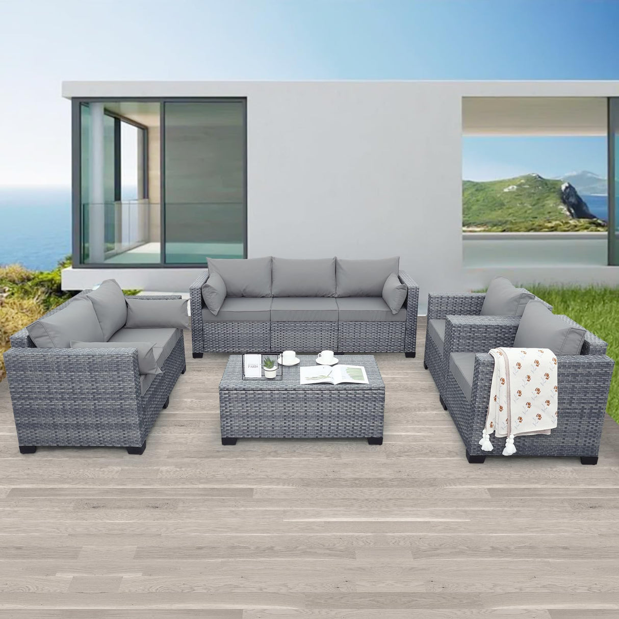 Lviden 5 Piece Wicker Patio Furniture Sets Outdoor Conversation Set, PE Rattan Sectional Sofa Couch with Storage Table and Non-Slip Grey Cushions, Furniture Covers Included Lviden