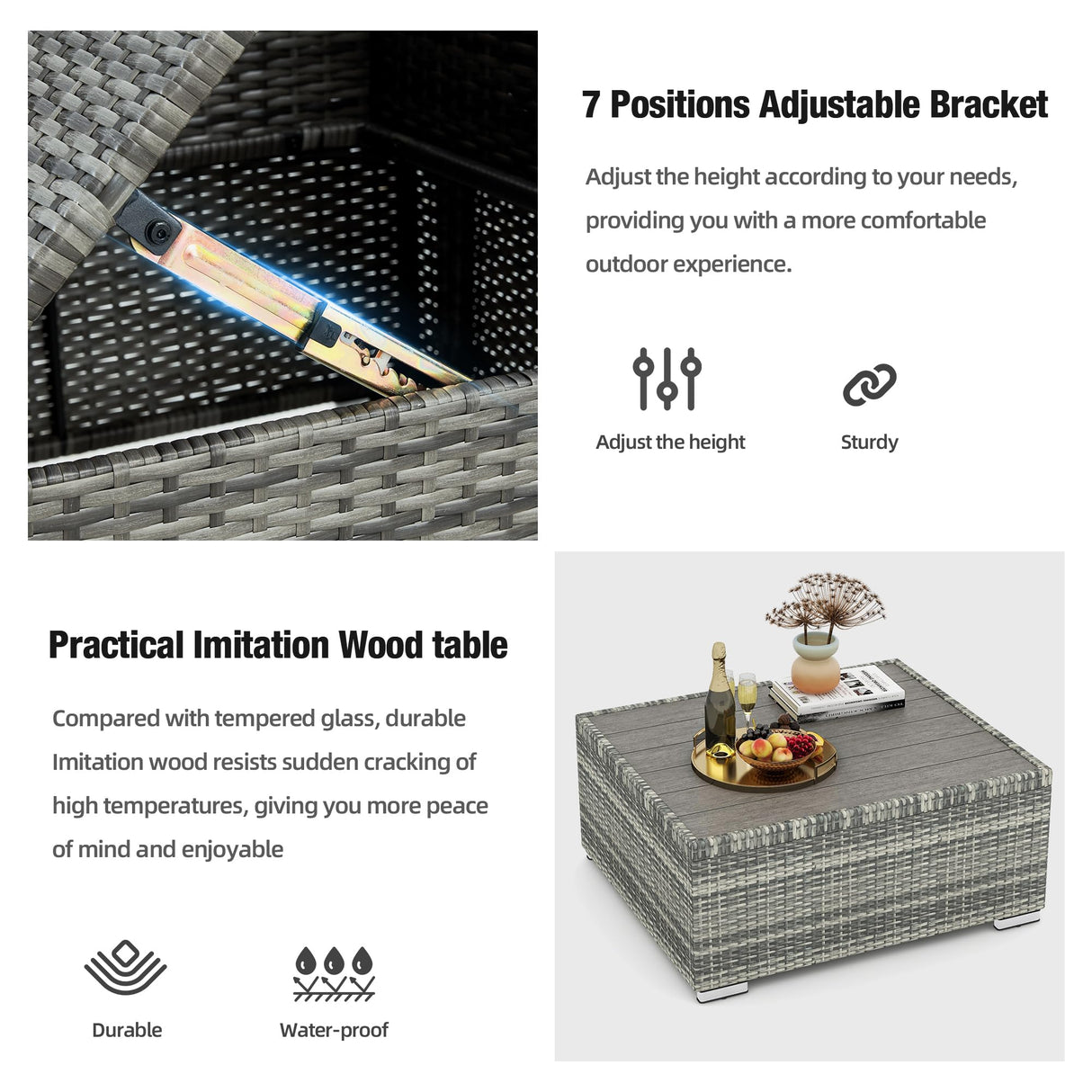 HOMREST 8 Pieces Outdoor Patio Furniture Set with 44" Propane Fire Pit Table, PE Rattan Sectional Sofa Conversation Set w/Adjustable Bracket,Wood Coffee Table for Backyard (Grey) HOMREST