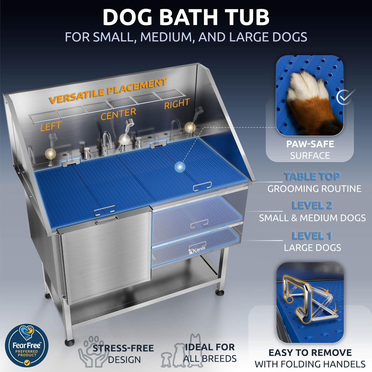 KANIS Professional Dog Washing Station - 304 Stainless Steel Pet Wash Sink & Grooming Bathtub w/Shower, Floor Grates and Storage for Large, Medium & Small Pets (50", Shelf - Left Ramp) KANIS