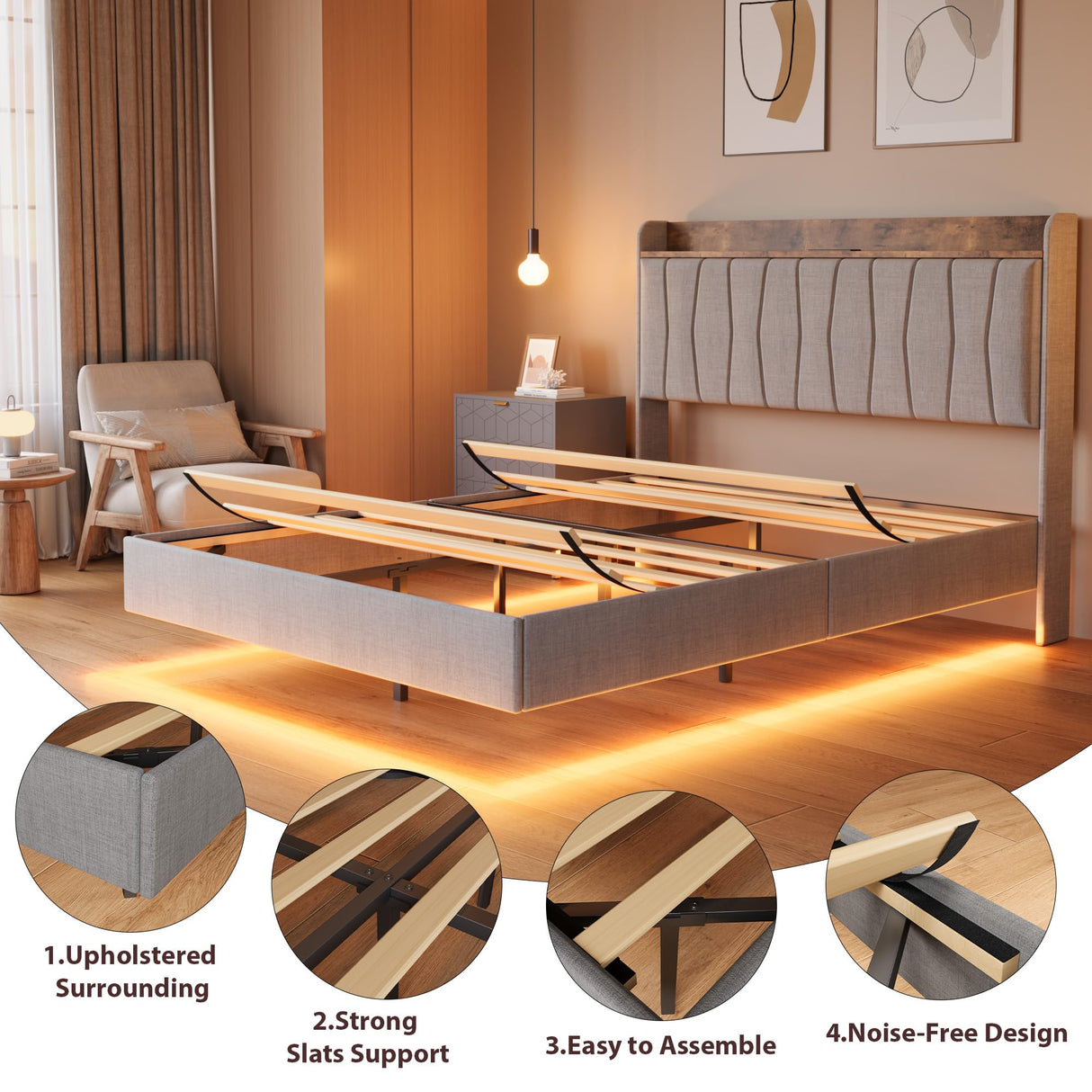 GarveeHome Floating Bed Frame King with LED Lights & USB Charging Station – Modern Upholstered Platform Bed with Headboard, Solid Wood Slats Support, No Box Spring, Easy Assembly, Noise-Free, Grey GarveeHome