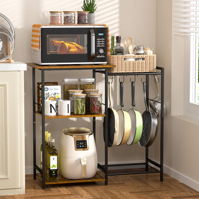 Rustic Brown 5-Tier Kitchen Stand with Pots Rack and 6 S Hooks - Multifunctional Storage Solution for Microwaves and Coffee Bars
