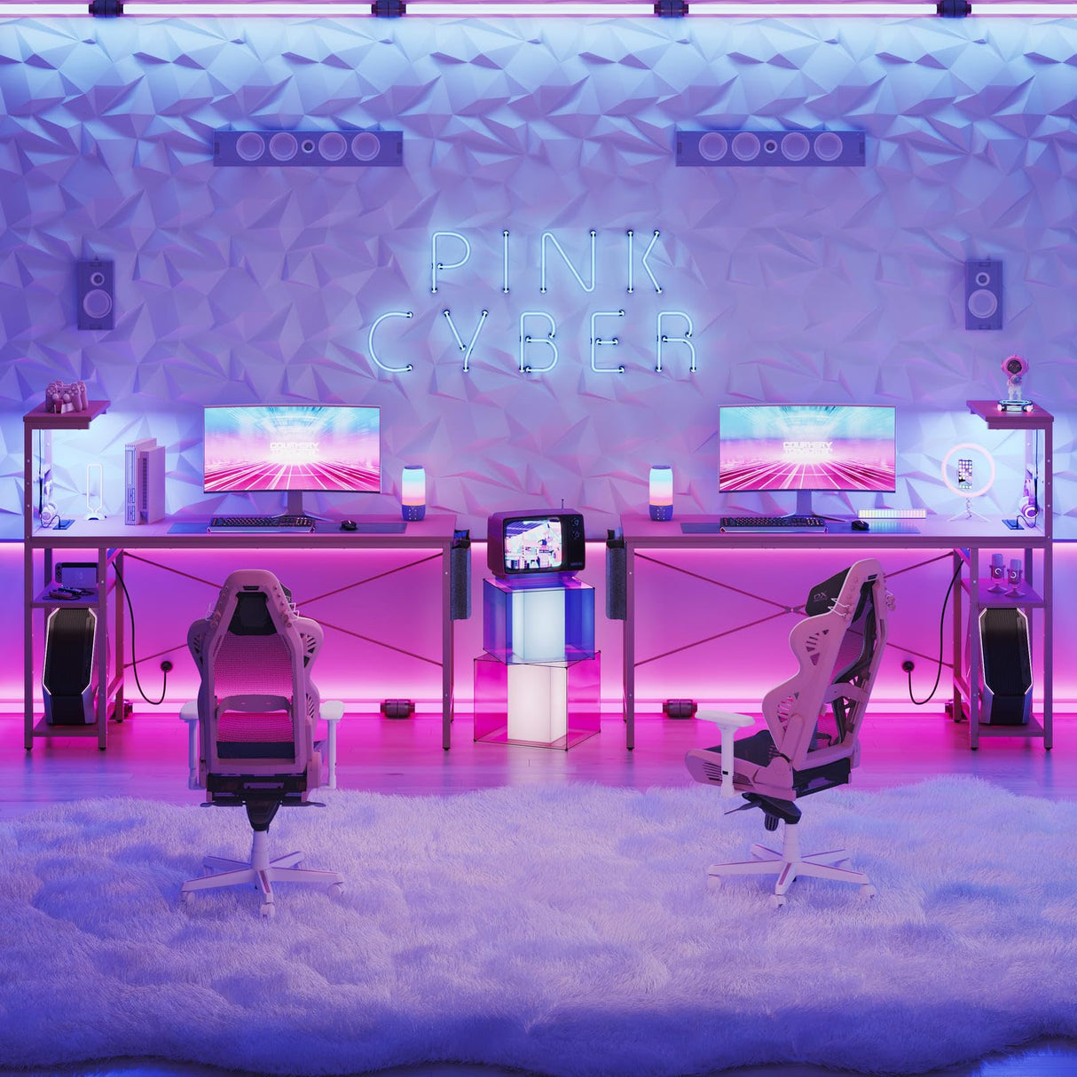 Bestier Gaming Desk with Power Outlets, 61 Inch Large Led Gamer Desk with 4 Tiers Reversible Shelves, PC Gaming Table with Headset Hook & Side Storage Bag for Bedroom (Pink 3D Carbon Fiber) Bestier