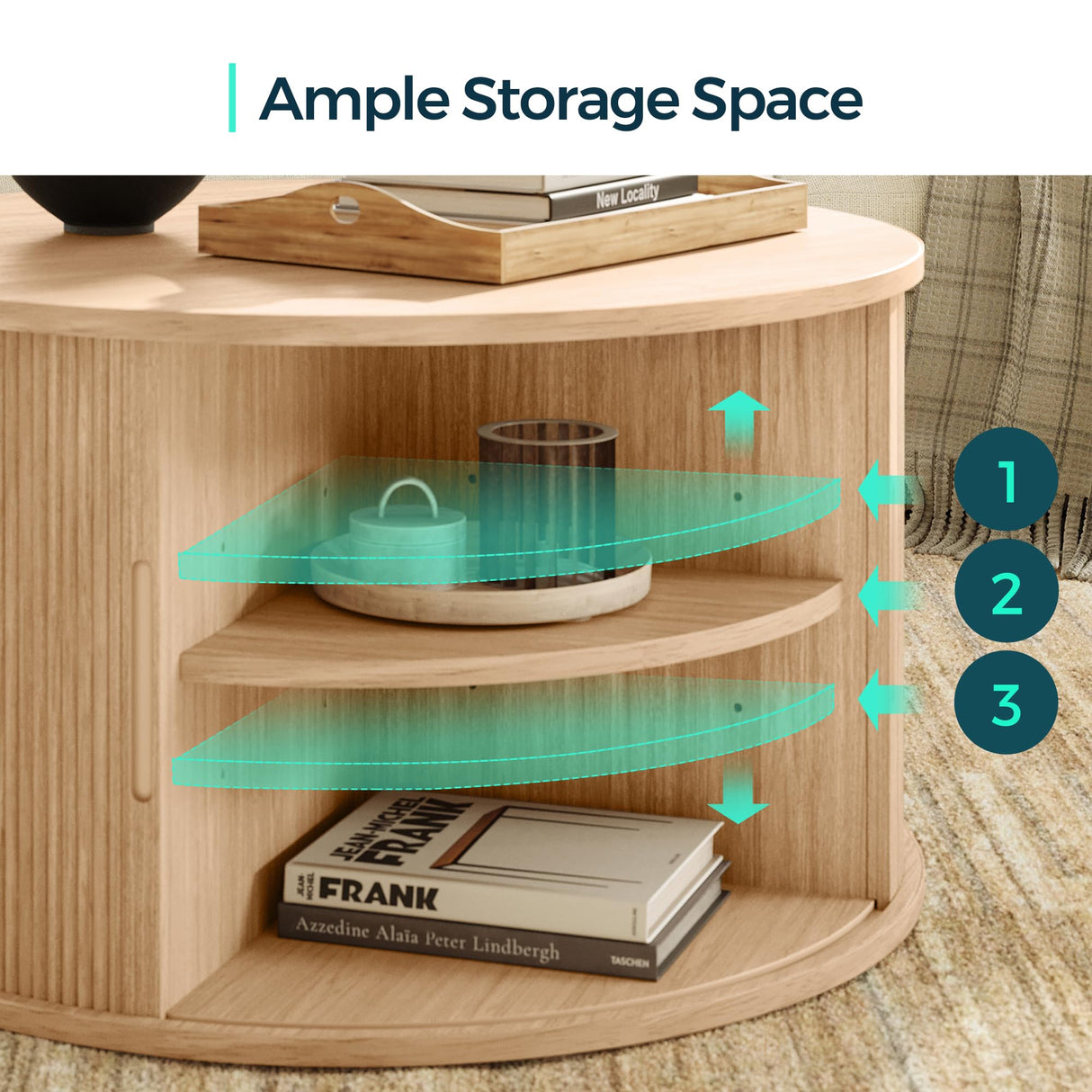 LINSY HOME Round Coffee Table, 31.5" Drum Coffee Table with Sliding Tambour Door, Fluted Accent Center Table with Storage, Mid Century Modern Coffee Table for Living Room, Oak LINSY HOME