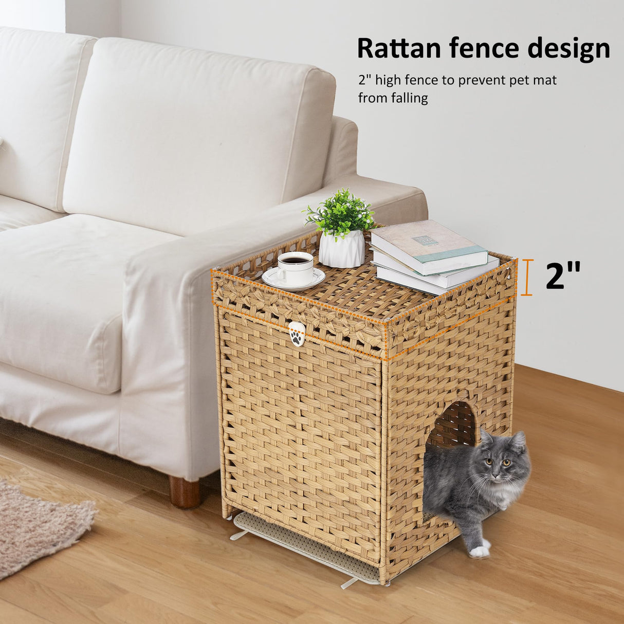 Cat Litter Box Enclosure with Soft Litter Mat; Hidden Cat Washroom Furniture with Door; Handwoven Rattan Cat House; Pet Crate for Living Room, Bedroom, Balcony (Natural) Honiakaka