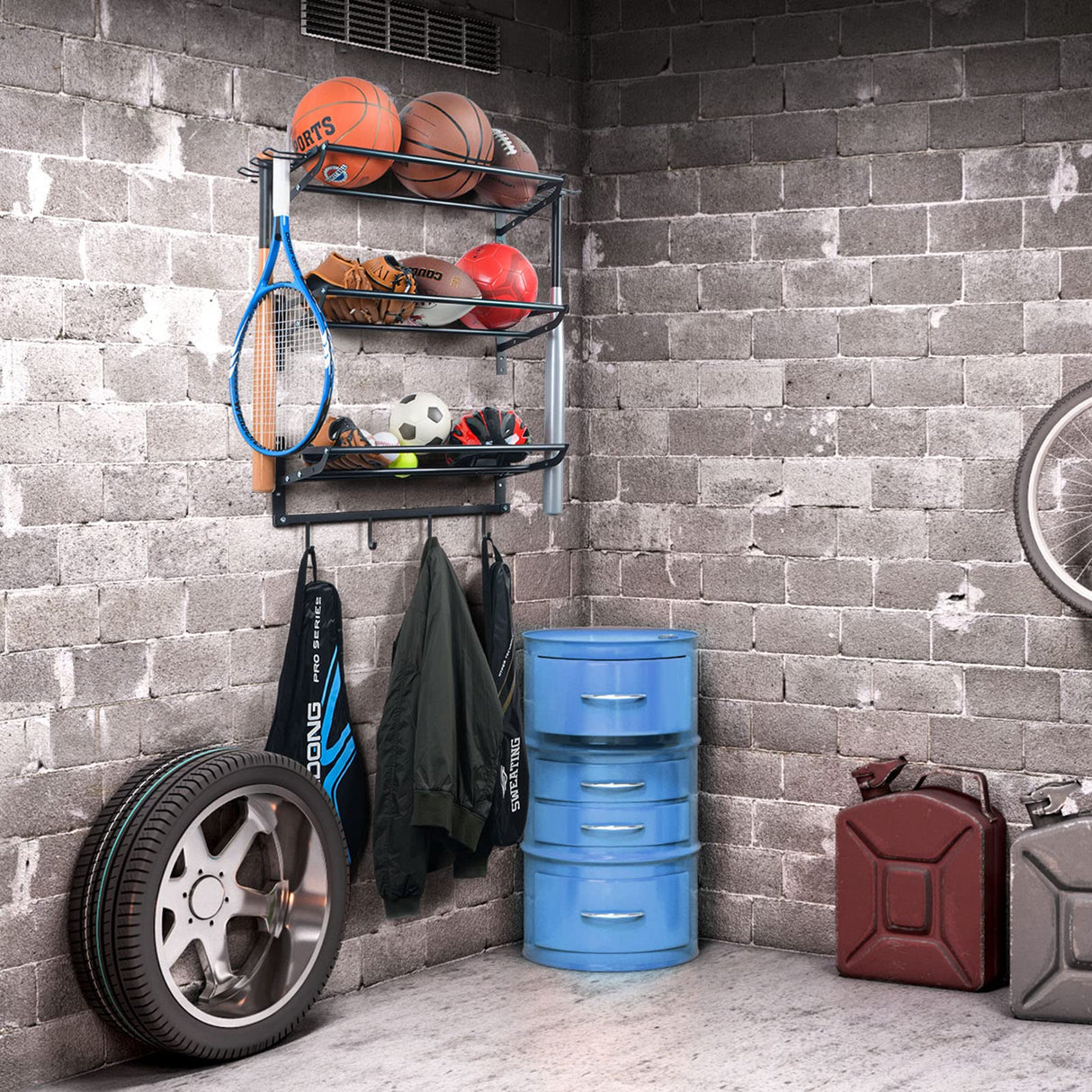 XCSOURCE Garage Sports Equipment Storage Rack with 3 Separate Shelf, Ball Rack, Sport Equipment Organizer with 4 Hooks for Badminton Racket, Basketball Rack for Basketball Football Rugby XCSOURCE