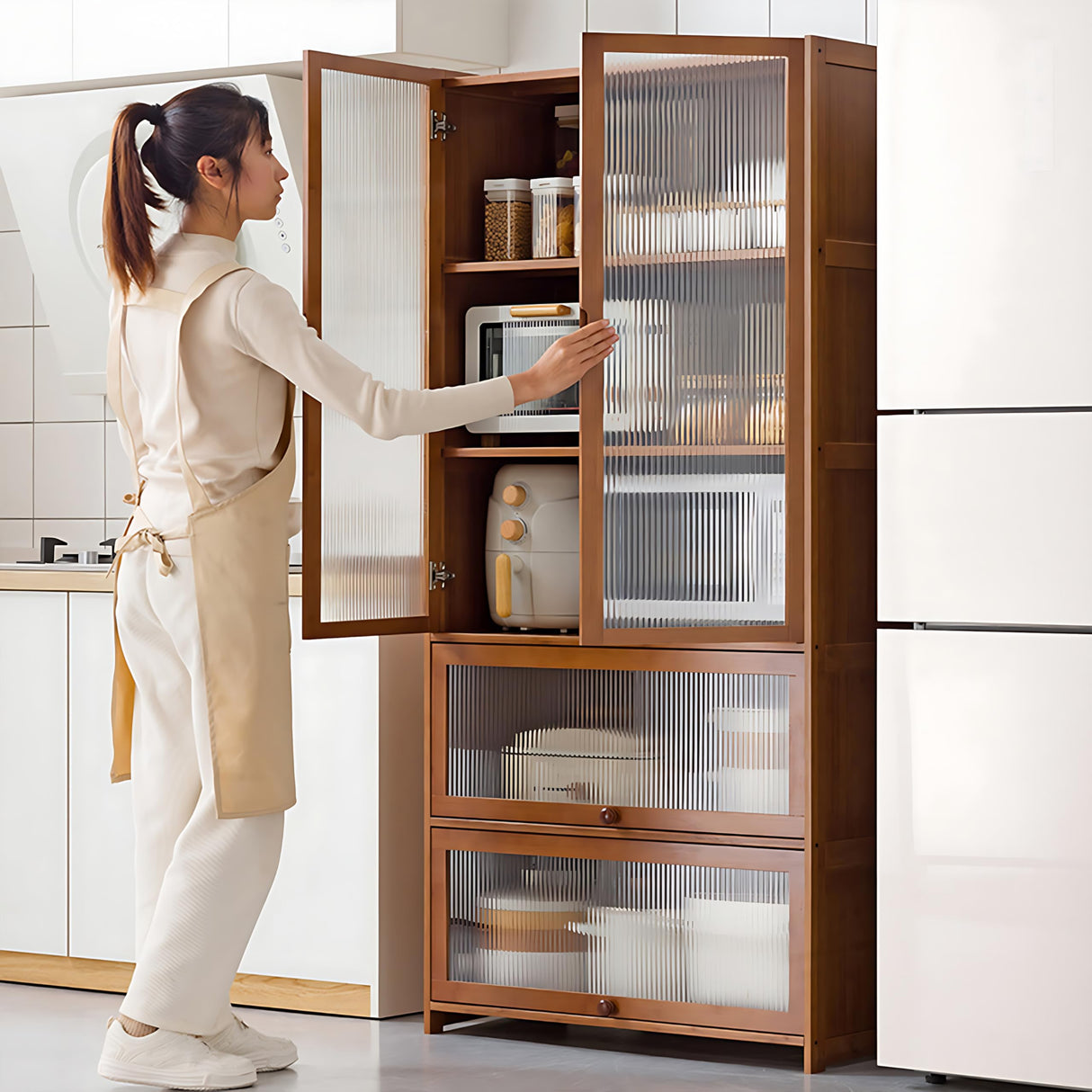 Premium 67" Bamboo Kitchen Storage Buffet with Acrylic Doors & Versatile Shelves TVMCNA
