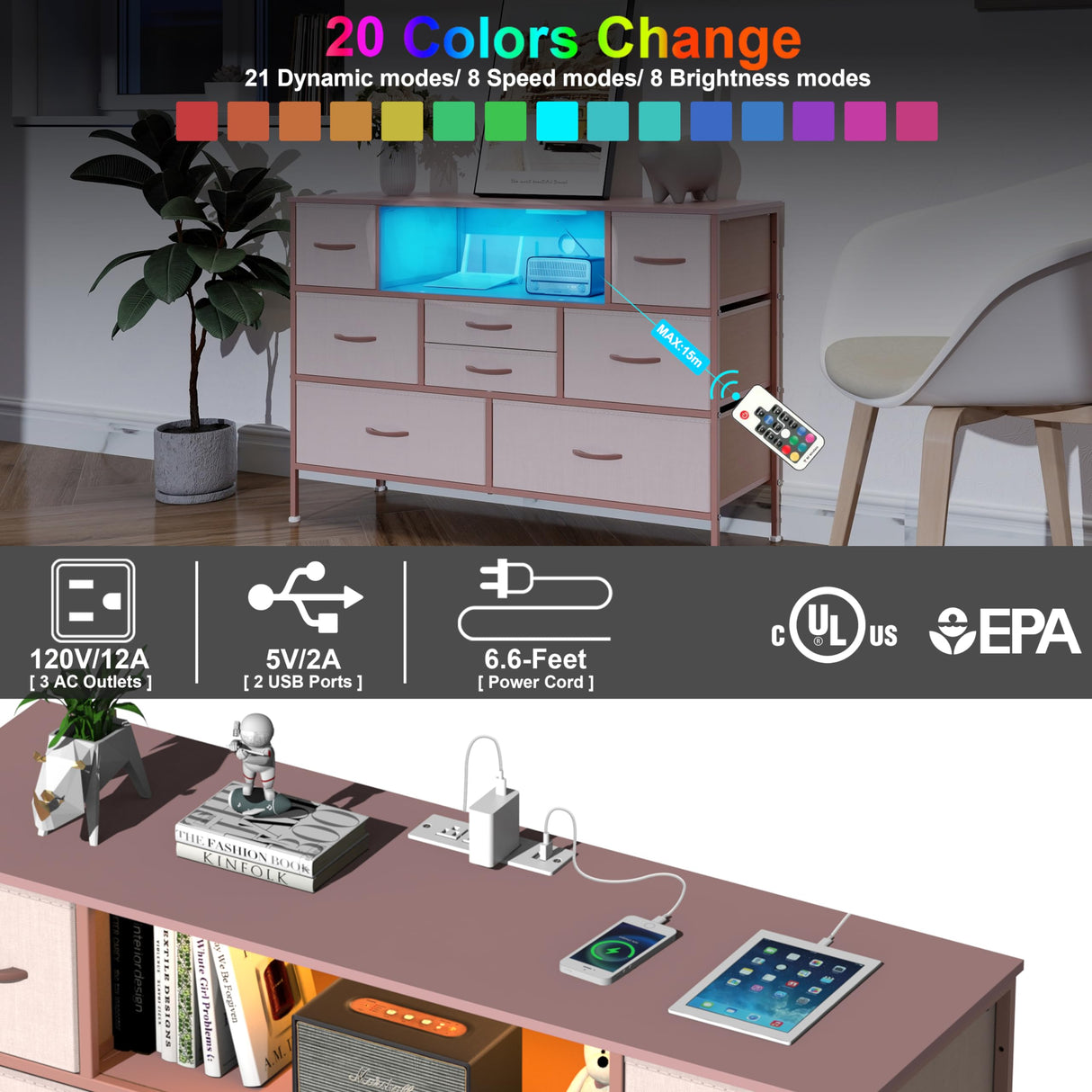 Simoretus Dresser with Charging Station and LED Light for Bedroom 8 Fabric Drawers Chest of Drawers with Power Outlet Storage Open Shelf for Living Room TV Stand Closet Hallway (Pink) Simoretus