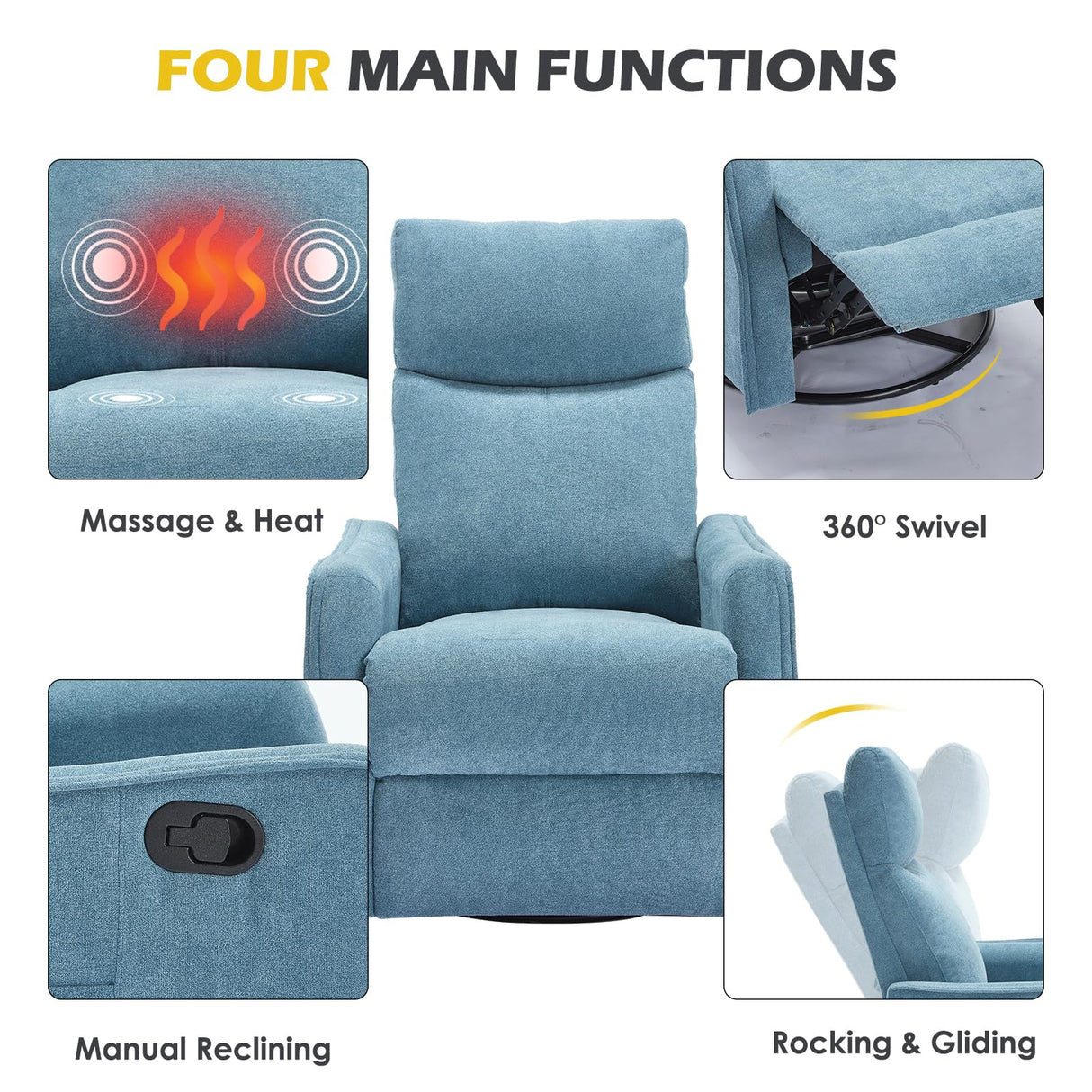 Trustyue Swivel Rocker Recliner Chair, 360° Swivel Recliner with Heat and Massage, Rocker Recliner Nursery Glider Chair with Side Pockets for Living Room (Light Blue, Fabric) Trustyue