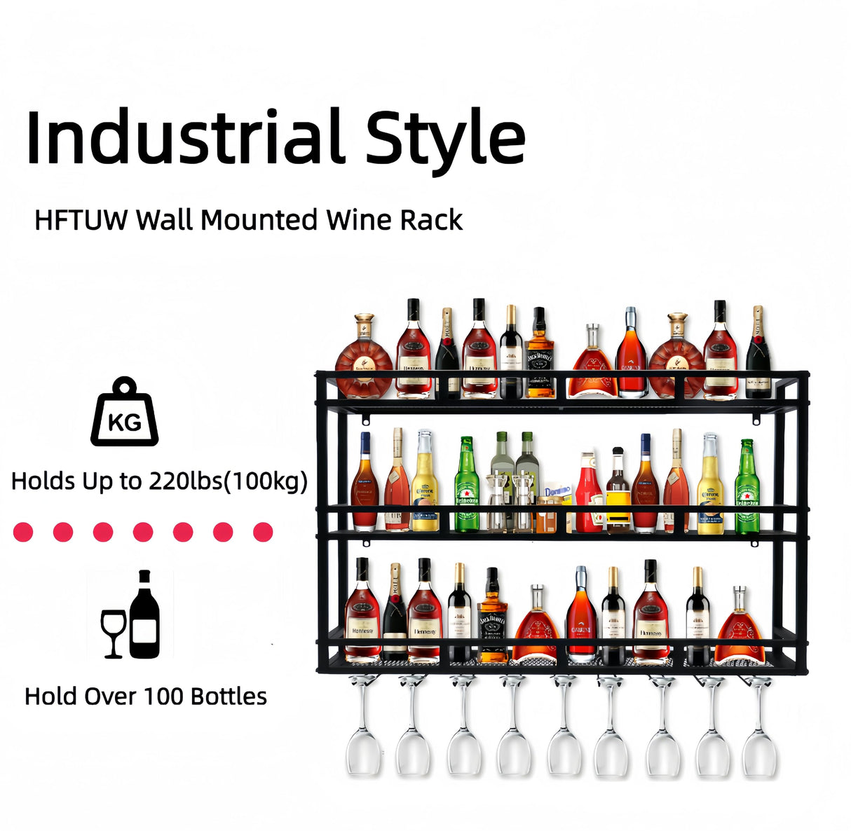HFTUW Metal Wine Rack Wall Mounted, Bar Shelves for Liquor Bottles with LED Light, 3 Tier Large Capacity Liquor Rack Wall Mounted with Glass Holder for Home Bar & Dining Room (Black, 39in/100cm) HFTUW
