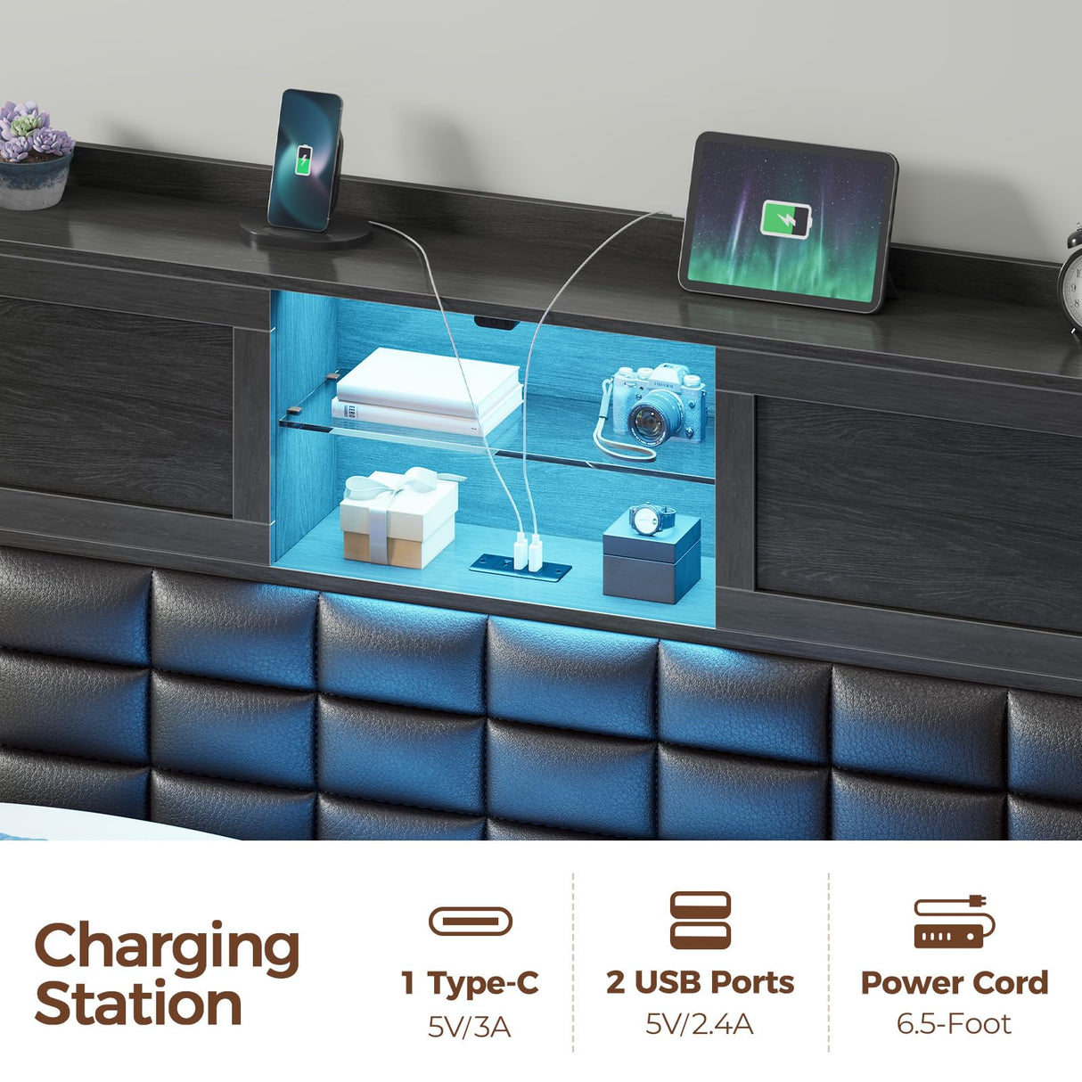 Rolanstar Bed Frame Queen Size with Charging Station, Bookcase Headboard Bed with LED Light and Sliding Doors, Platform Bed with Wooden Slats, No Box Spring Needed, Noise Free, Black Rolanstar