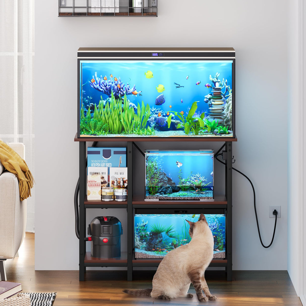 YITAHOME 10-29-37 Gallon Fish Tank Stand with Power Outlet, 30x16 Inch Metal Aquarium Stand with 3-Tier Adjustable Storage Shelves and Hooks, 450LBS Capacity, Rustic Brown YITAHOME