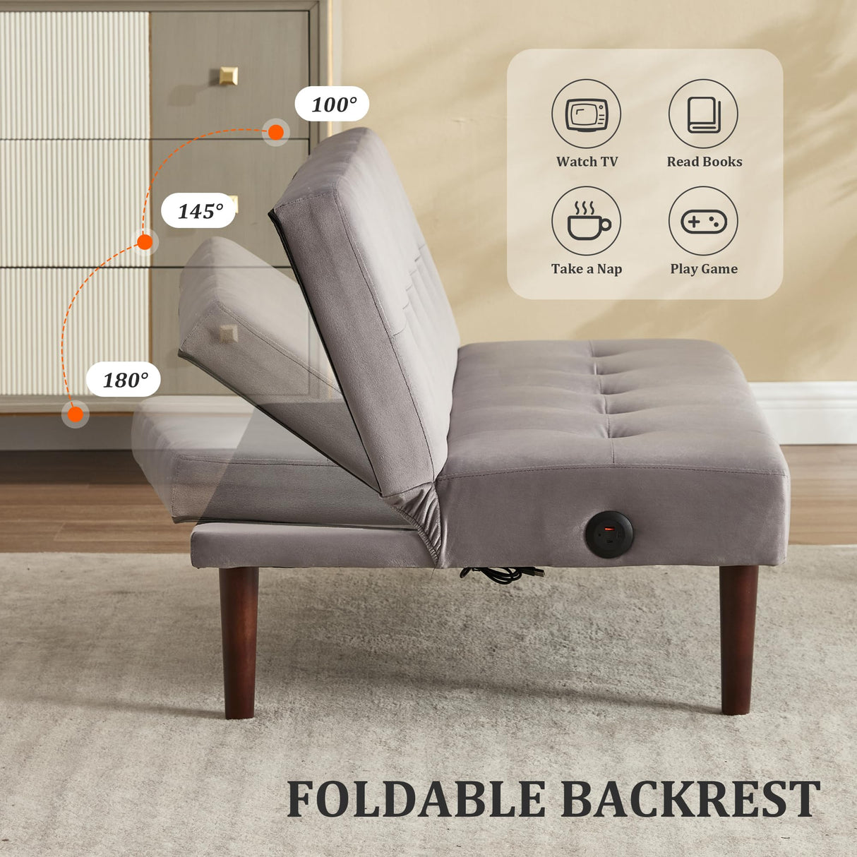 Convertible Futon Sofa Bed, Faux Leather Futon Couch with Adjustable Backrest and Usb Port, Modern Folding Couch For Small Spaces Living Room Sleeper Bed for Living Room,Bedroom,Office (Gray) Klwenas Maec