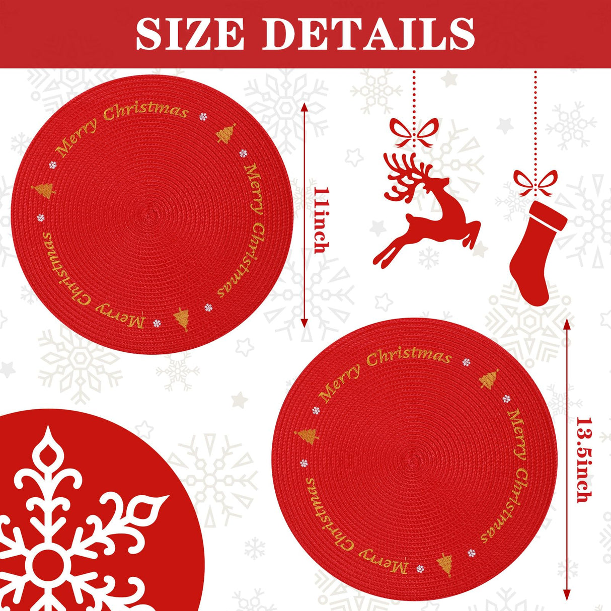Tioncy 6 Pcs Plastic Christmas Placemats Round Snowflake Red Placemats 13.4 Inch Winter Xmas Tree Table Mat Washable Place Mat for Christmas Party Holiday Kitchen Dining Table Tioncy