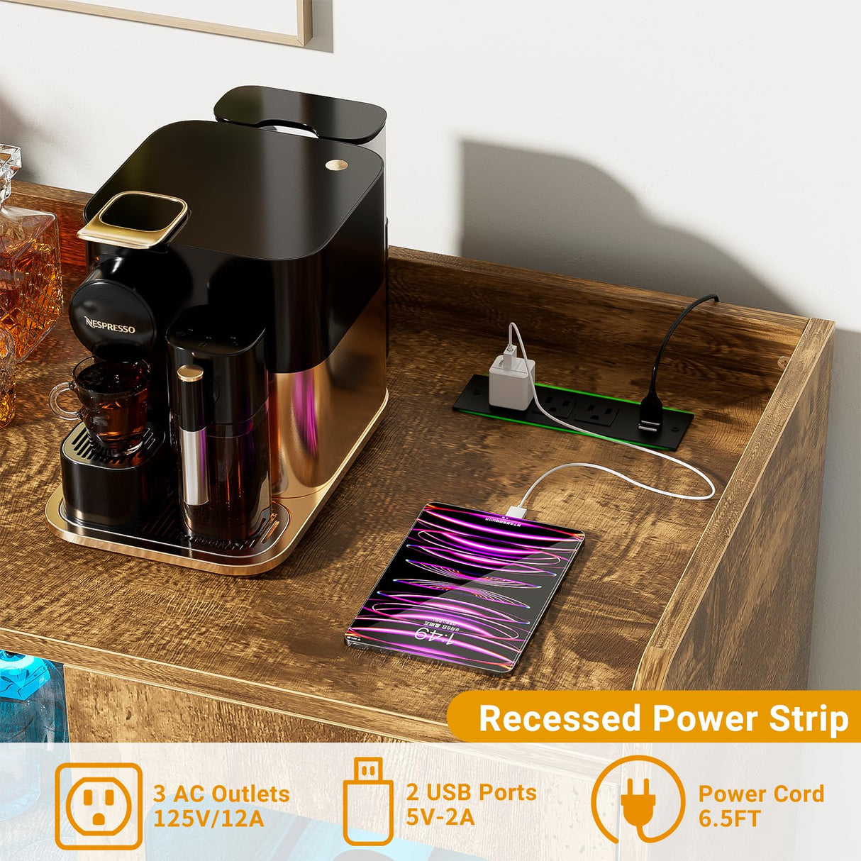 Hyomdeck Rustic Brown Liquor Cabinet with LED Lighting, Power Outlet & Versatile Storage Solutions Hyomdeck