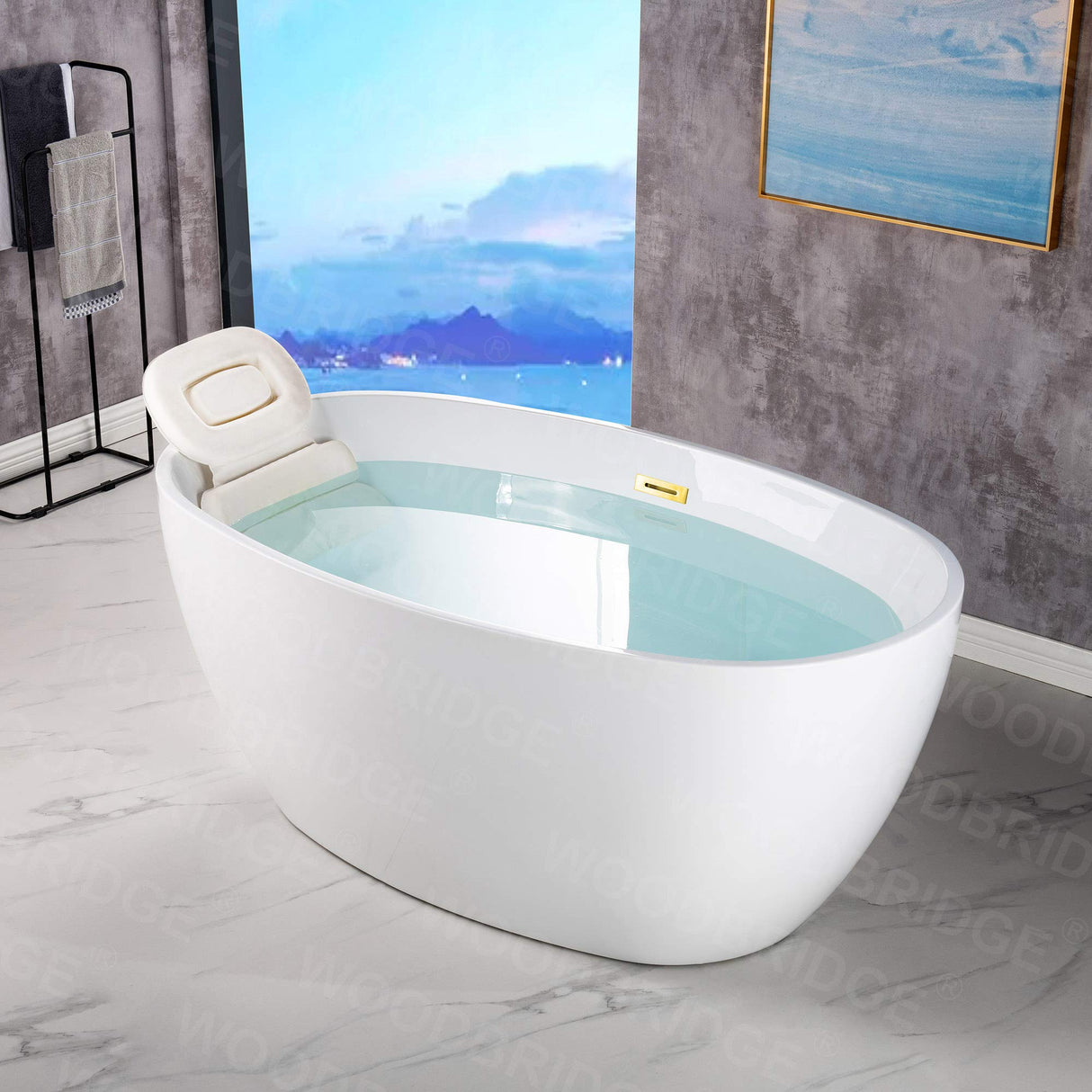 WOODBRIDGE 55" Acrylic Freestanding Bathtub Contemporary Soaking White Tub with Brushed Gold Overflow and Drain,B1418-BG WOODBRIDGE