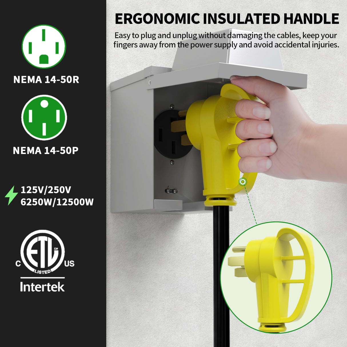POWGRN 50 Amp RV/EV Extension Cord 30 FT Outdoor with Grip Handle, Flexible Heavy Duty 6/3+8/1 Gauge STW 4 Prong RV Power Cord Waterproof with Cord Organizer, NEMA 14-50P to 14-50R, Black-Yellow, ETL POWGRN