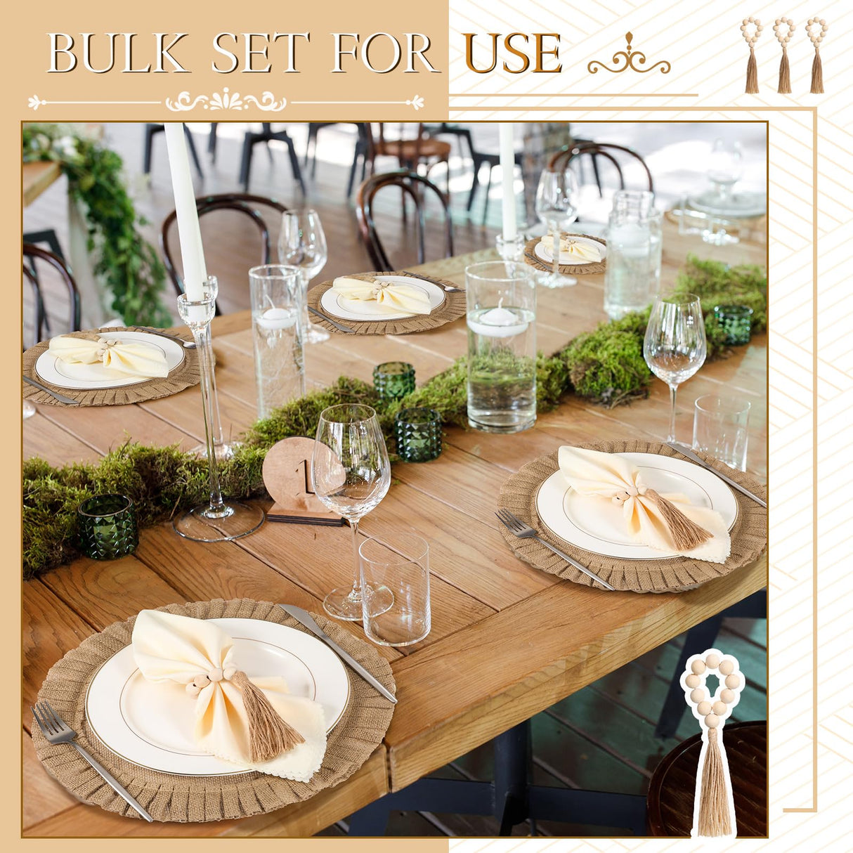 Gejoy Round Burlap Placemats Wood Bead Napkin Rings with Dinner Napkins Cloth, Jute Heat Resistant Placemats Boho Wooden Rings for Plates Wedding Dining Table(18 Pcs) Gejoy
