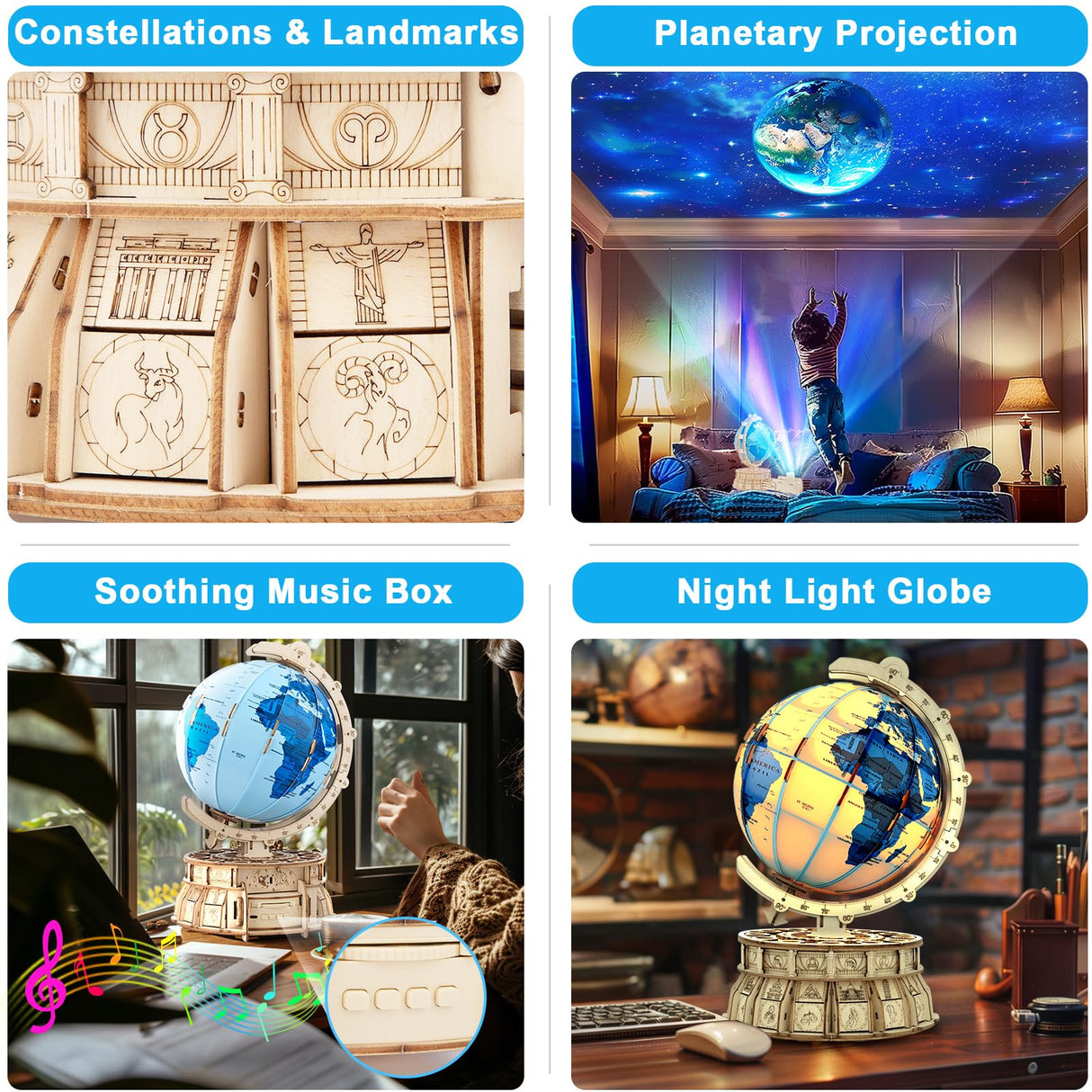 RMOKA 3D Wooden Puzzles for Adults Illuminated Globe with Stand 188pcs 3D Puzzles Model Kit Built-in LED Music Box Stem Toys Gifts for Adults/Teens RMOKA