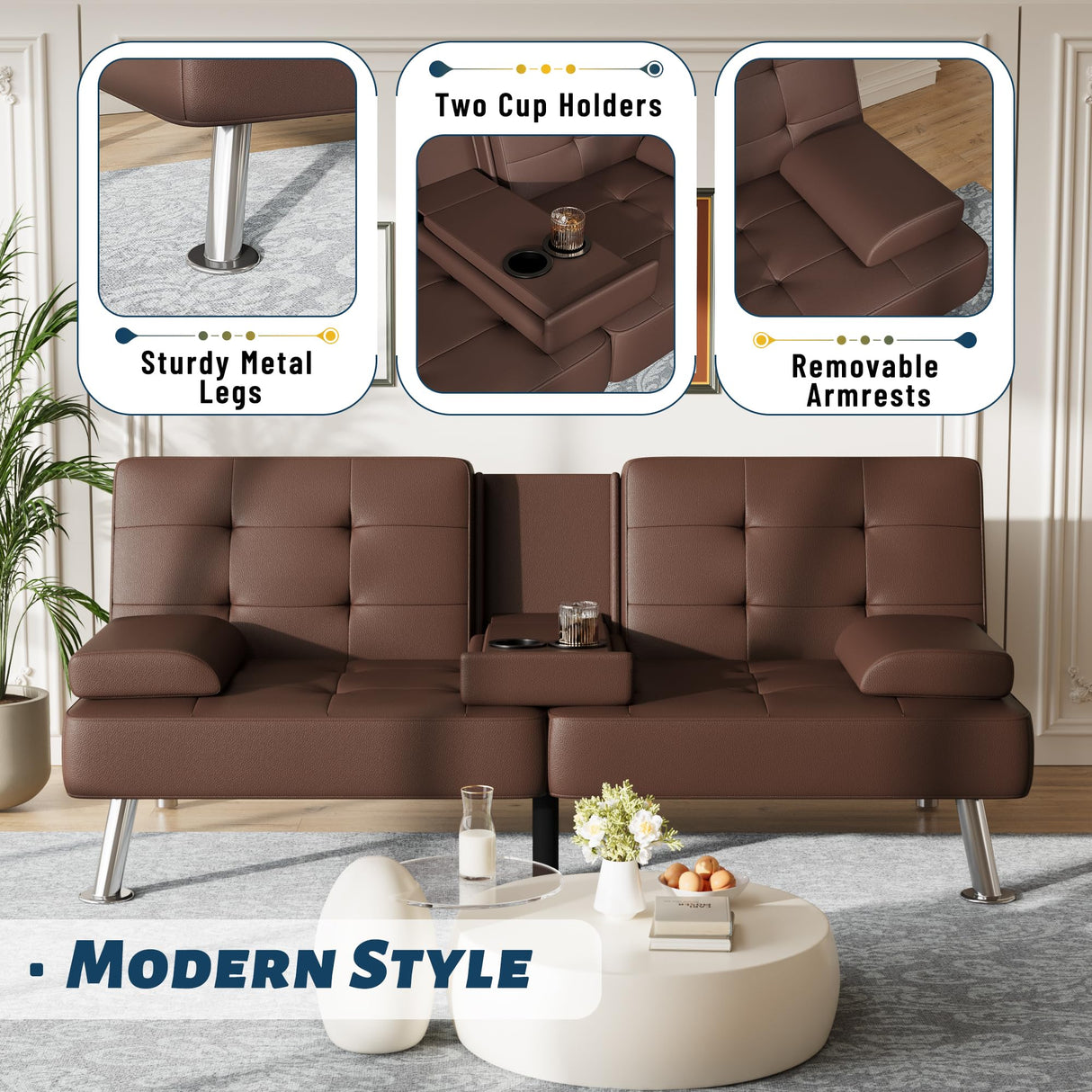 Furmax Futon Sofa Bed Adjustable Futon Couch Modern Sleeper Sofa Bed for Living Room, Business Office, Recliner Sofa with Cup Holders (PU Leather, Brown) Furmax
