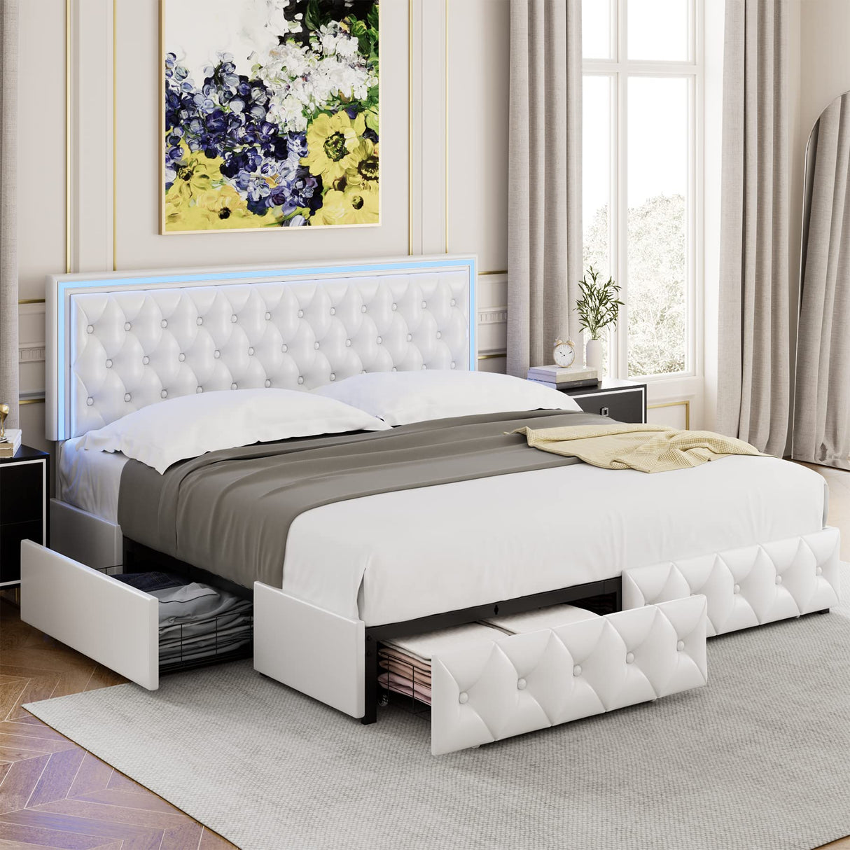 Keyluv King Upholstered LED Bed Frame with 4 Storage Drawers and Adjustable Tufted Headboard in White Keyluv