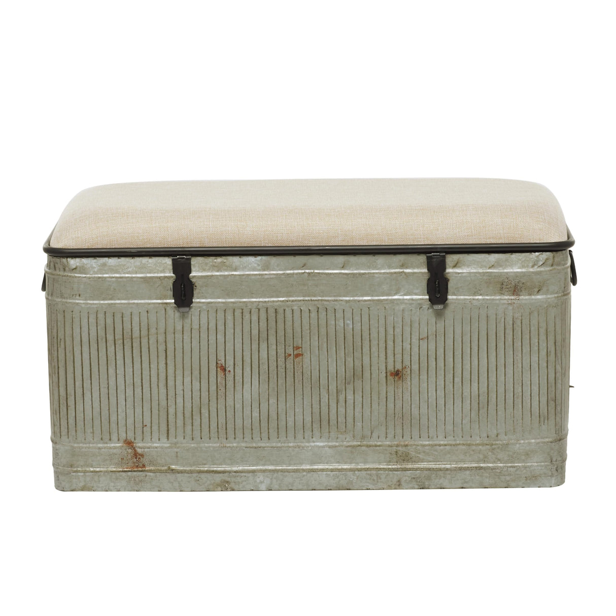 Deco 79 Metal Room Storage Bench Galvanized Entryway Bench with Cream Burlap Top and Black Latches, Bench 38" x 16" x 19", Gray Deco 79