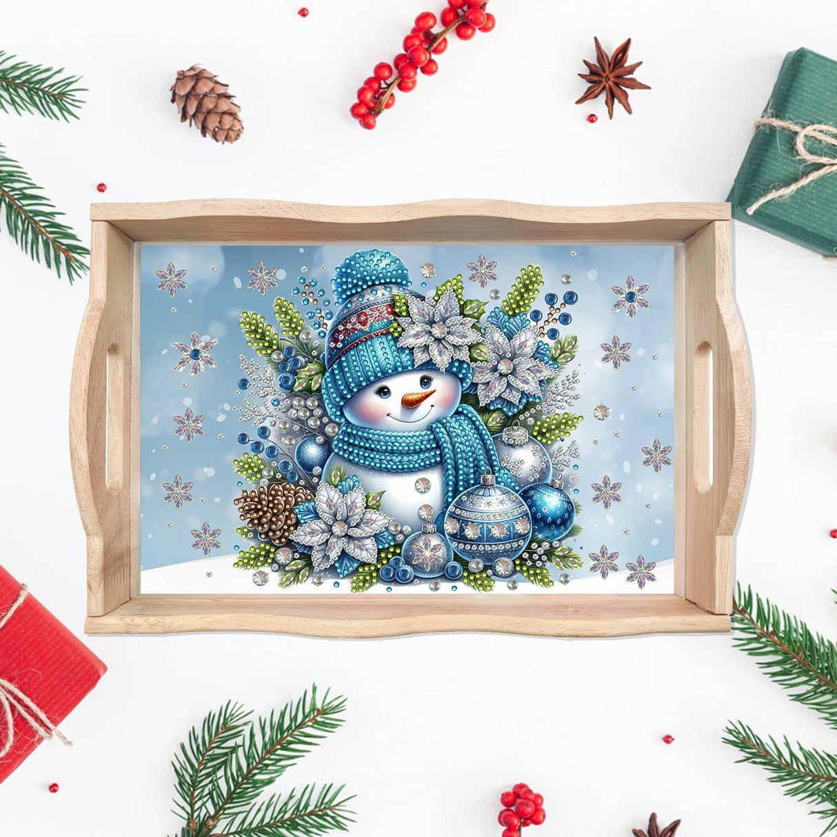 DIY Diamond Art Painting Wooden Tray Kit With Handle, Food Tray for Breakfast, Bar Dinner Table Decoration, Diamond Dots Gem Painting Art Set for Beginners-Snowman1 WoodArtSupply