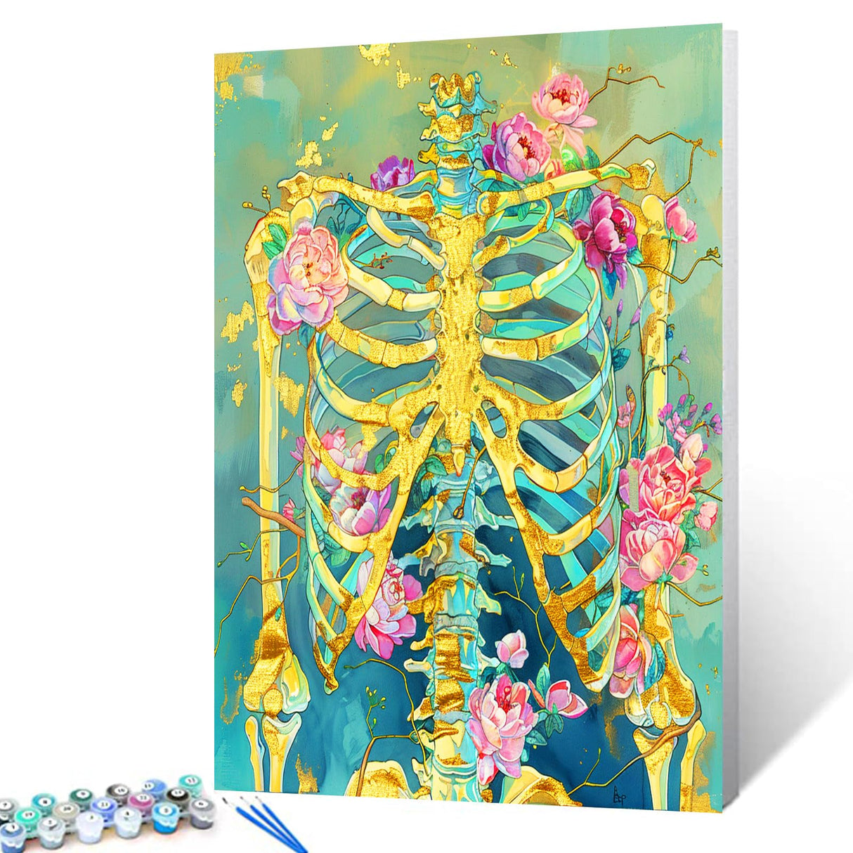 Tucocoo Golden Skeleton Paint by Numbers for Adults Beginners Paint by Number Pink Flowers Bone DIY Acrylic Paint by Numbers Kits on Canvas Drawing Paintworks Artwork Home Wall Art 16x20inch No Frame Tucocoo