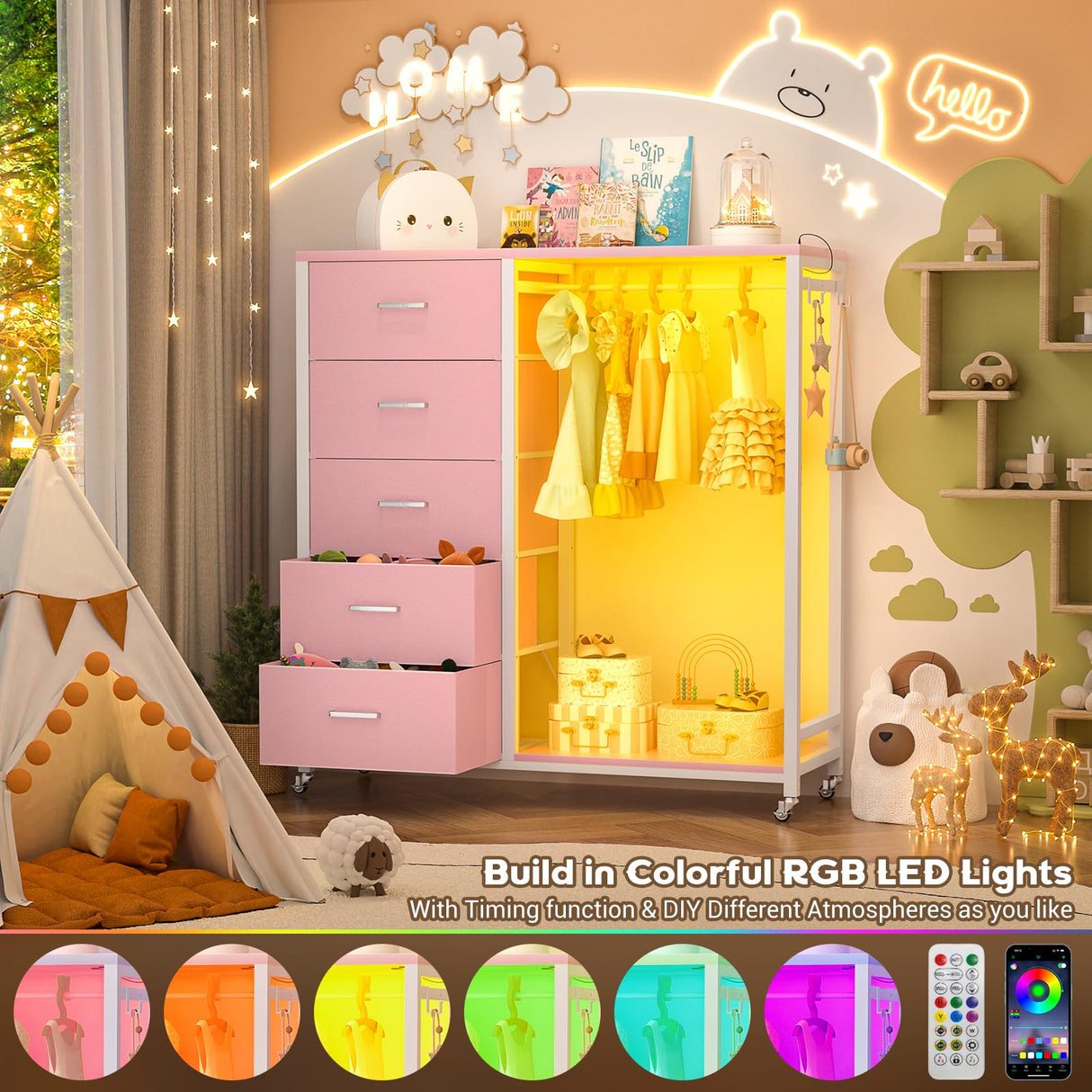 Cyclysio Dresser for Bedroom with Clothes Rack, 5 Drawers Dresser with Charging Station & LED Lights, Pink Storage Chest of Drawers with Wheels, Wooden Top, Lockable Wheels, Bedroom, Closet, Pink Cyclysio