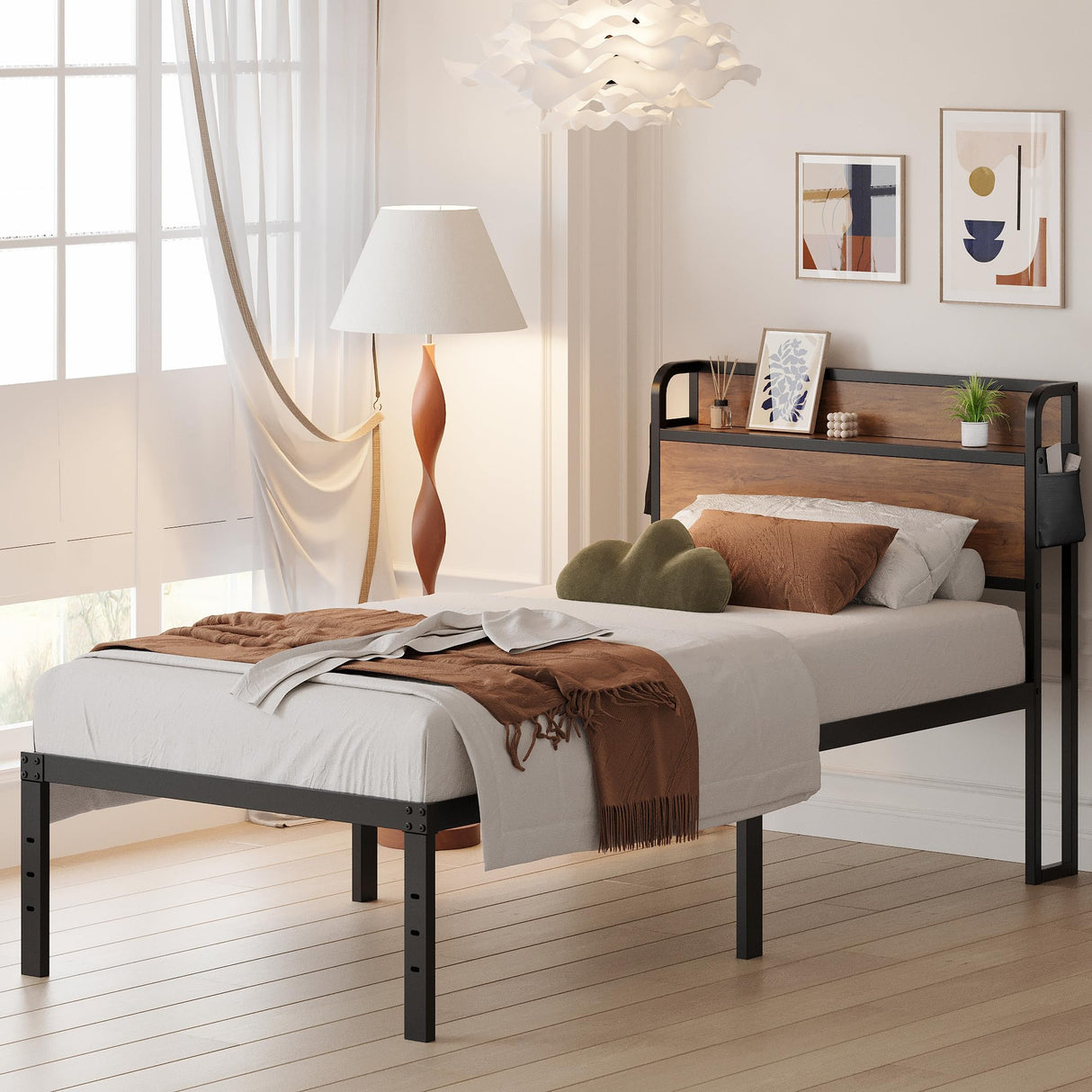 Maenizi 16 Inch Twin XL Bed Frames with Wood Headboard, Storage Bed Frame Twin XL No Box Spring Needed, Noise Free, Mahogany Maenizi