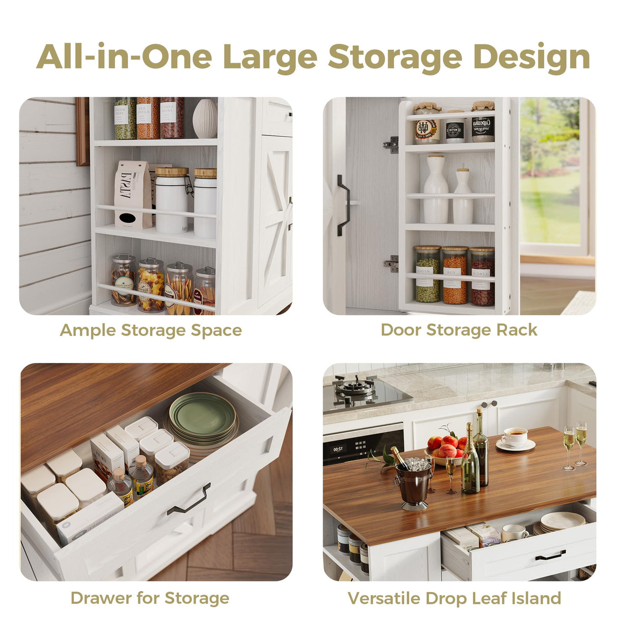 IRONCK Kitchen Island with Storage, Rolling Island Table on Wheels with Cart Drop Leaf and Trash Can Storage, Portable Islands Table for Dining Room, Living Room, White IRONCK