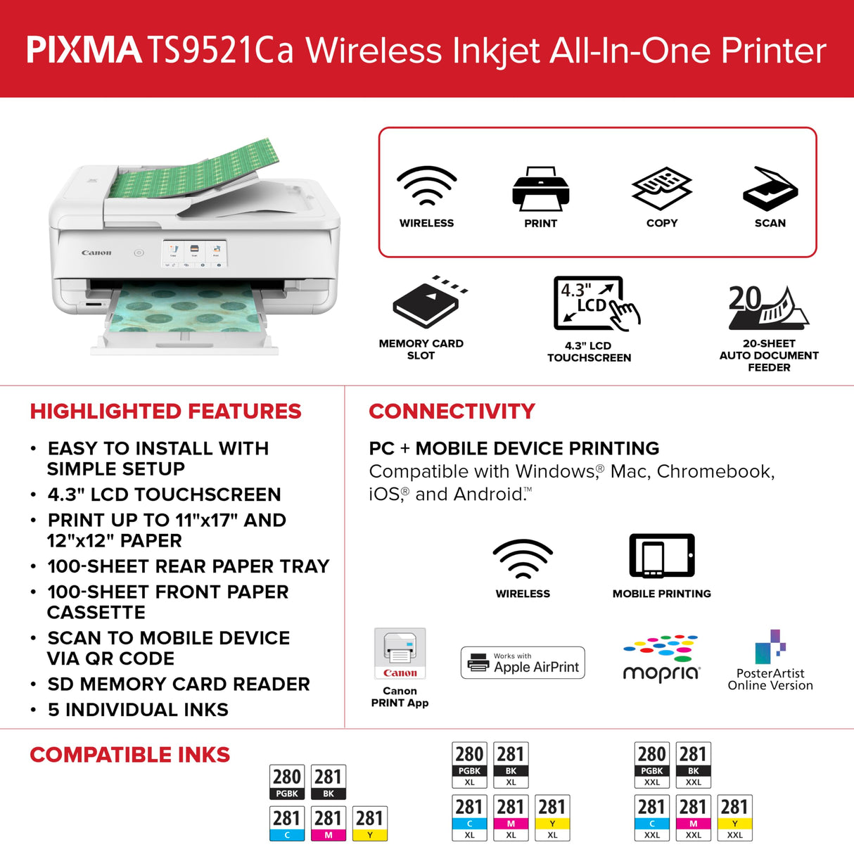 Canon PIXMA TS9521Ca – Wireless Home All-in-One Inkjet Printer Canon