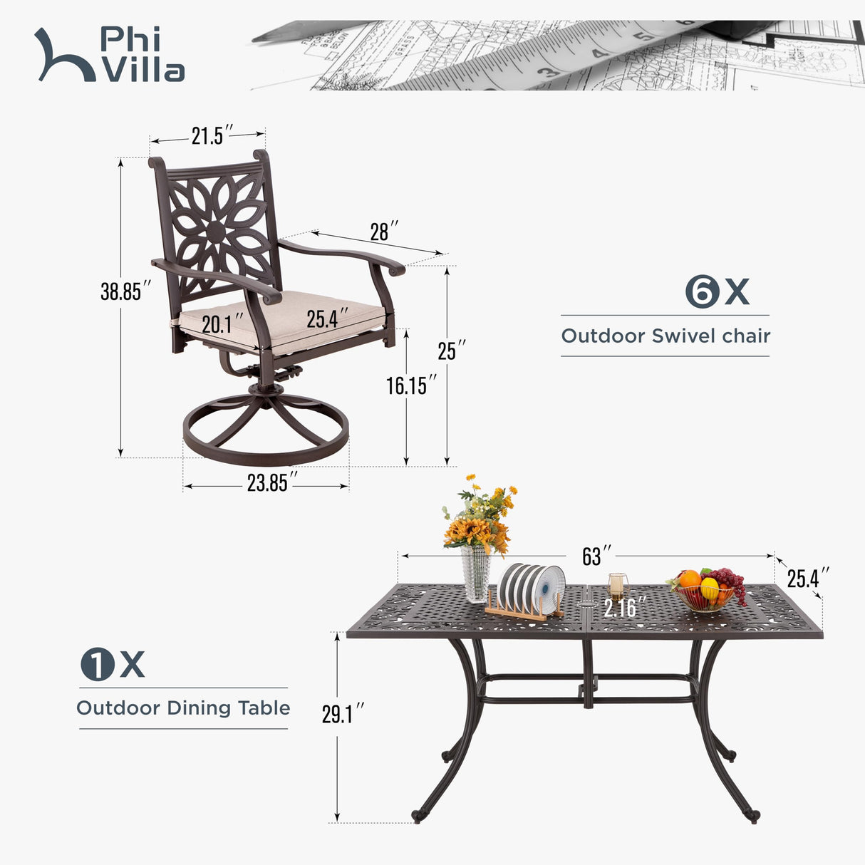 PHI VILLA Cast Aluminum Patio Dining Set for 6 Person, 7 Piece Outdoor Patio Set with 63" x 37.4" Cast-Top Aluminum Table(2.3" Umbrella Hole) and 6 Swivel Rockers Dining Chairs with Cushions PHI VILLA