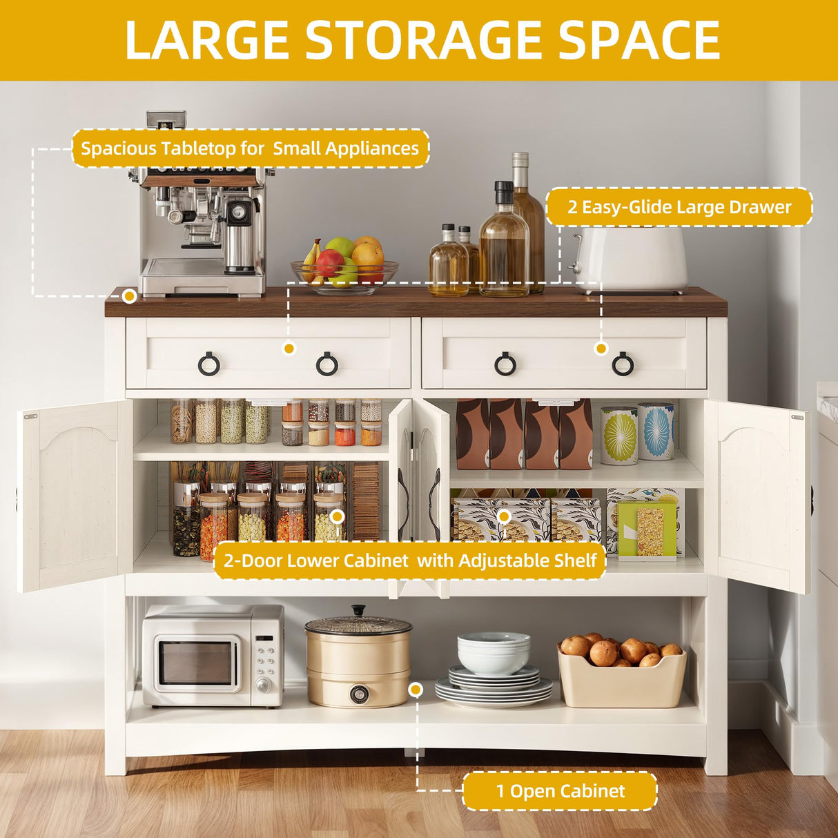 DWVO 47.2" Buffet Sideboard Cabinet with Storage, Farmhouse Coffee Bar Cabinet w/2 Drawers, Wood 4-Doors Console Table with Adjustable Shelves for Kitchen, Dining Room, Living Room, Entryway (White) DWVO