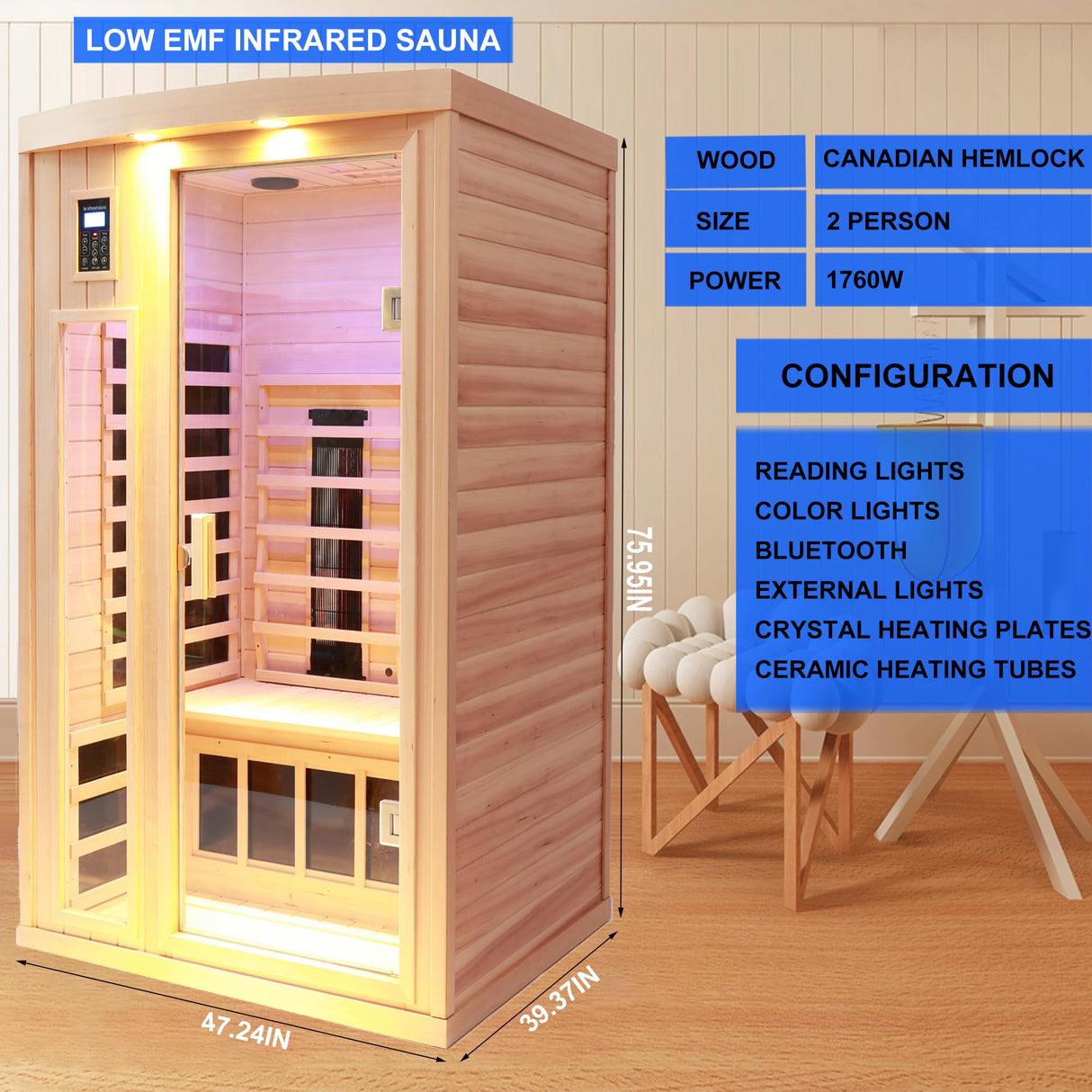 KUNSANA Ceramic Infrared Sauna 2 Person Far Infrared Sauna Hemlock Saunas Room for Home 2 in 1 Indoor Sauna with Low EMF Heaters + Ceramic Heating Cubes-Chromotherapy-Bluetooth Speaker KUNSANA