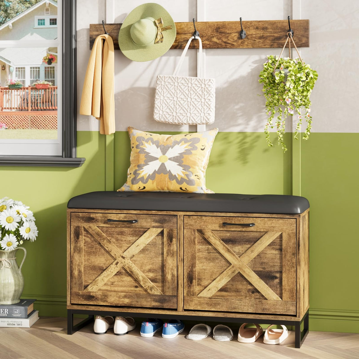 Maupvit Shoe Cabinet with 2 Flip Drawers & Coat Rack, Shoe Storage Bench with Seat Cushion for Entryway, 5 Large Sturdy Metal Hooks - with Locking Wall Parts, Farmhouse Brown Maupvit