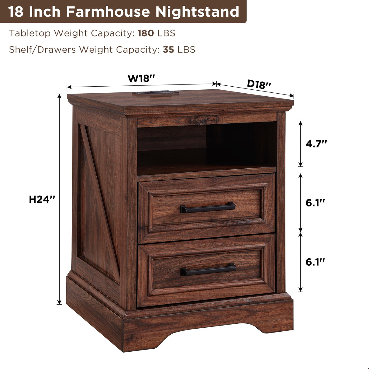 ACCOHOHO 18" Farmhouse Nightstand with Charging Station,End Table with 2 Drawers Storage,Side Table,Bedside Cabinet for Bedroom,Living Room,Brown ACCOHOHO